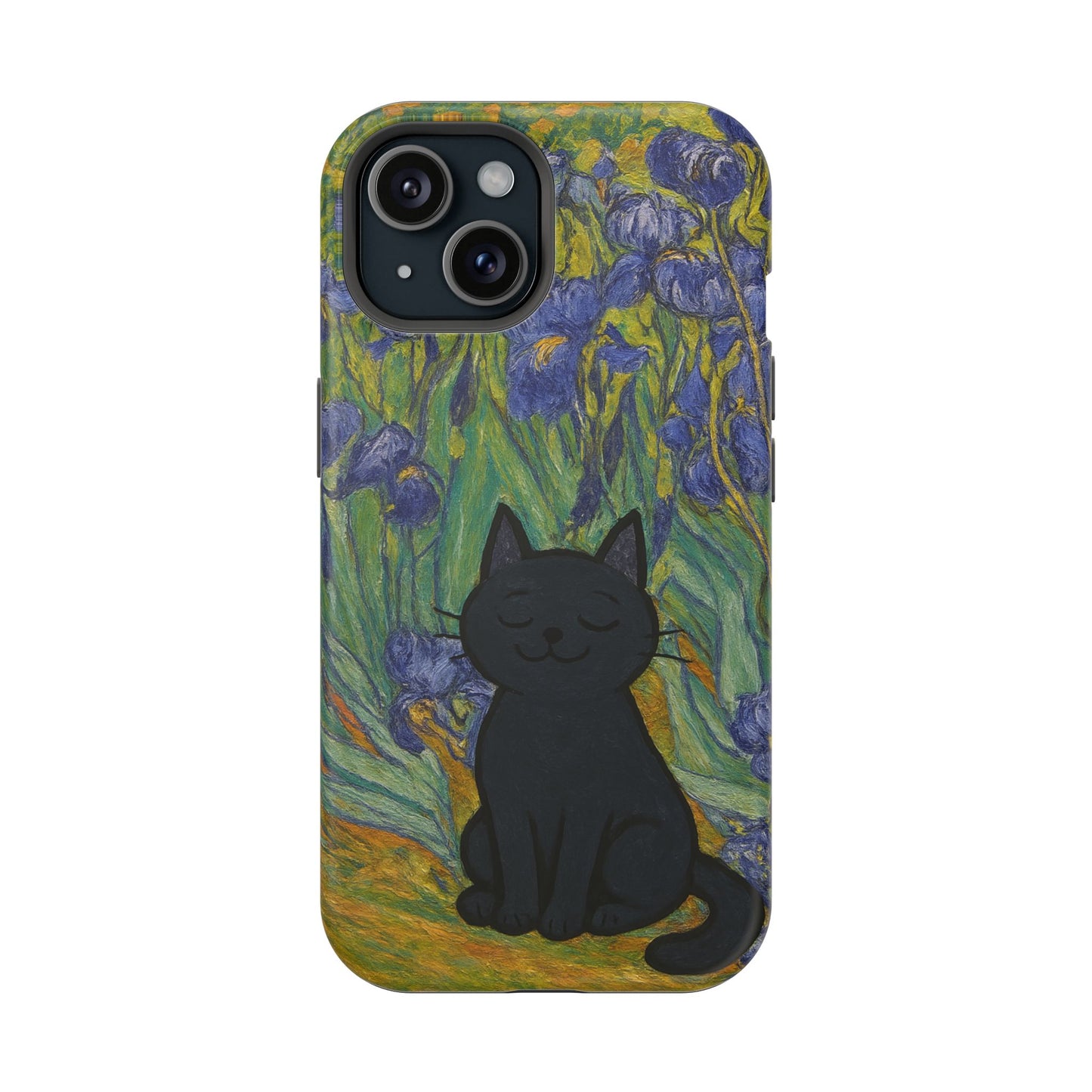 Peaceful Cat in Irises โ Van Gogh Inspired โ iPhone 16, 15, 14, 13 โ MagSafe Magnetic Tough Case by HitStickers