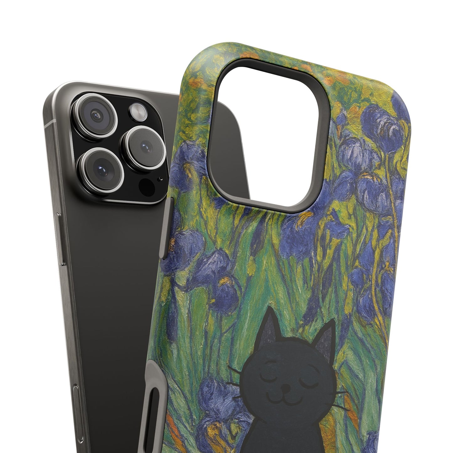 Peaceful Cat in Irises โ Van Gogh Inspired โ iPhone 16, 15, 14, 13 โ MagSafe Magnetic Tough Case by HitStickers