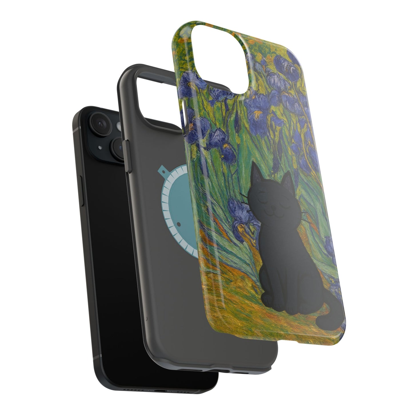 Peaceful Cat in Irises โ Van Gogh Inspired โ iPhone 16, 15, 14, 13 โ MagSafe Magnetic Tough Case by HitStickers