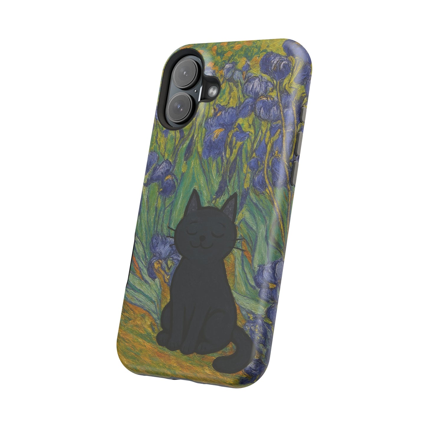 Peaceful Cat in Irises โ Van Gogh Inspired โ iPhone 16, 15, 14, 13 โ MagSafe Magnetic Tough Case by HitStickers
