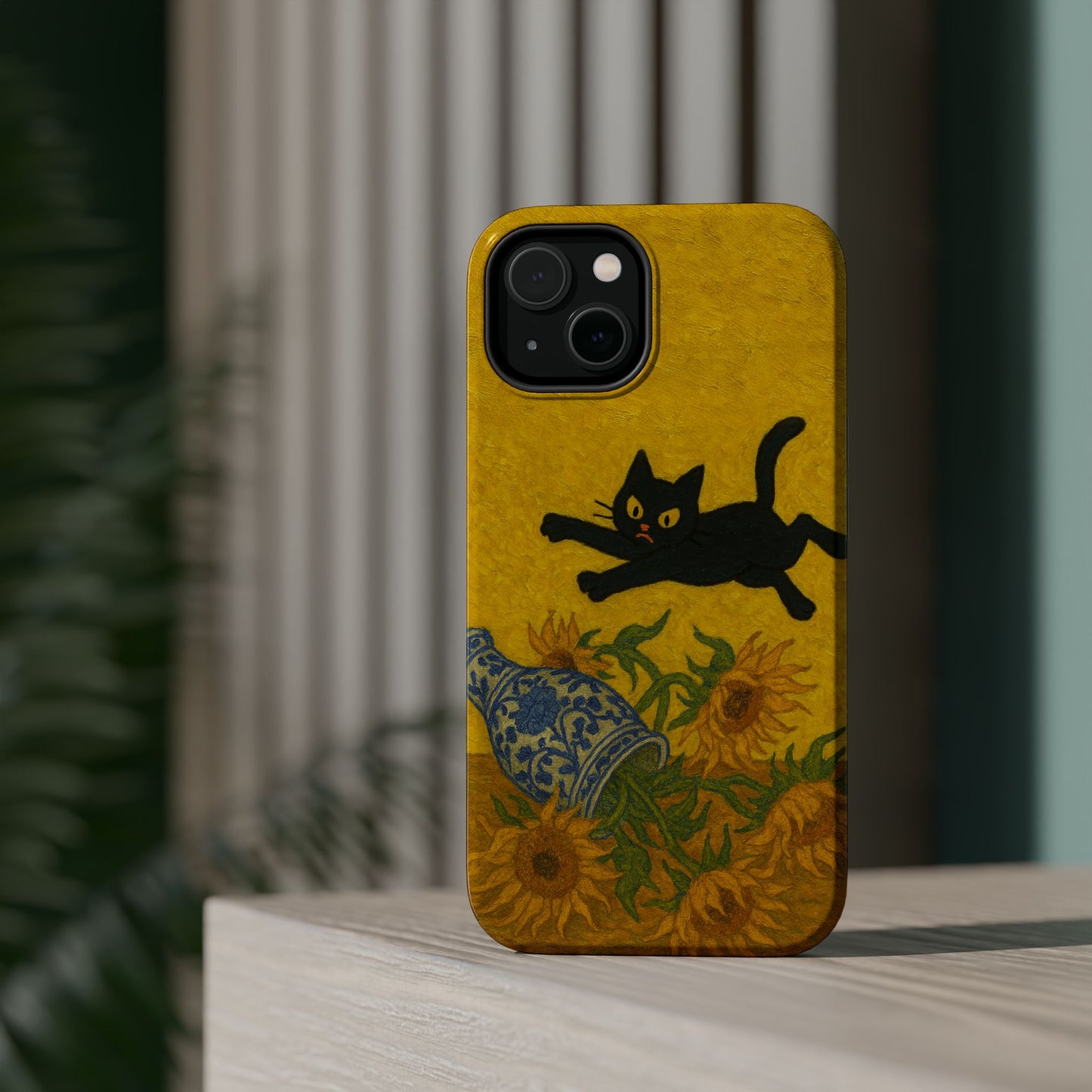 Mischievous Cat & Sunflowers โ Van Gogh Inspired โ iPhone 16, 15, 14, 13 โ MagSafe Magnetic Tough Case by HitStickers