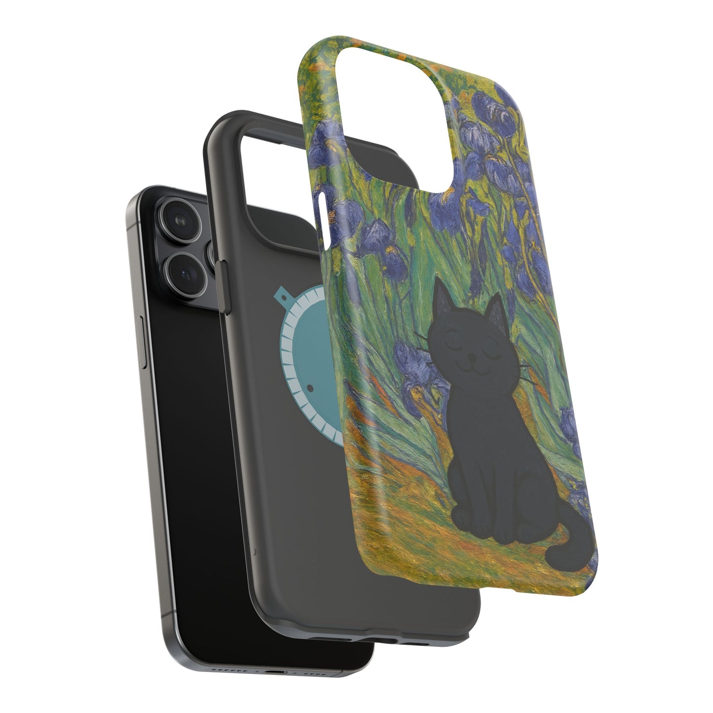 Peaceful Cat in Irises โ Van Gogh Inspired โ iPhone 16, 15, 14, 13 โ MagSafe Magnetic Tough Case by HitStickers