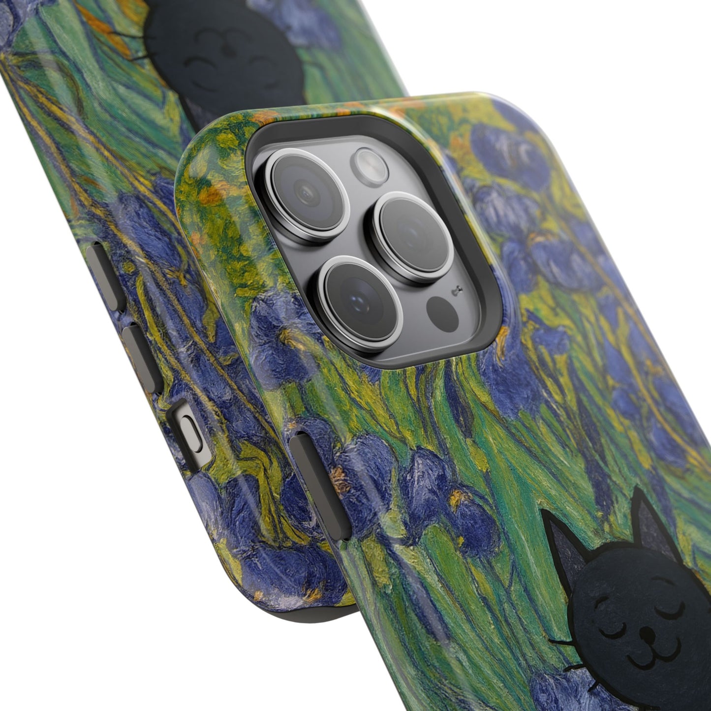 Peaceful Cat in Irises โ Van Gogh Inspired โ iPhone 16, 15, 14, 13 โ MagSafe Magnetic Tough Case by HitStickers
