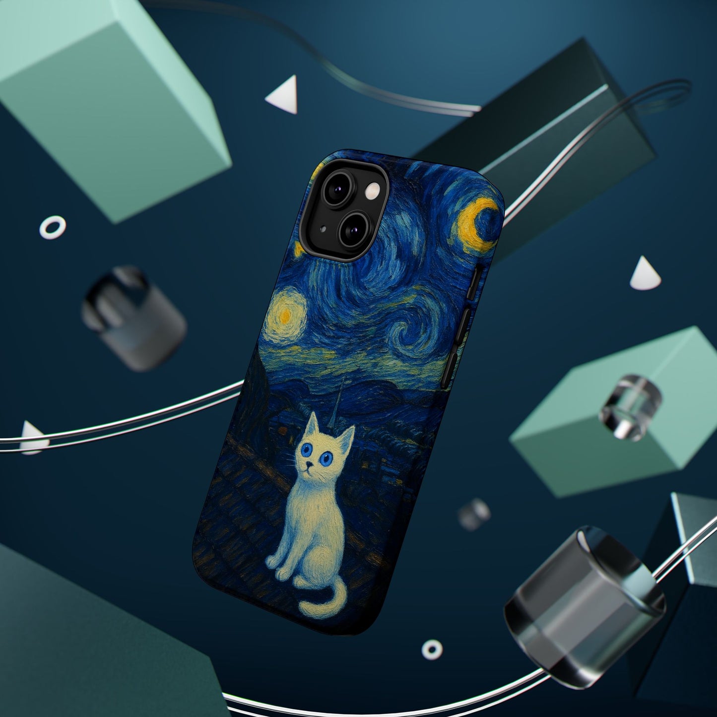 Starry Night Cat โ Van Gogh Inspired โ iPhone 16, 15, 14, 13 โ MagSafe Magnetic Tough Case by HitStickers