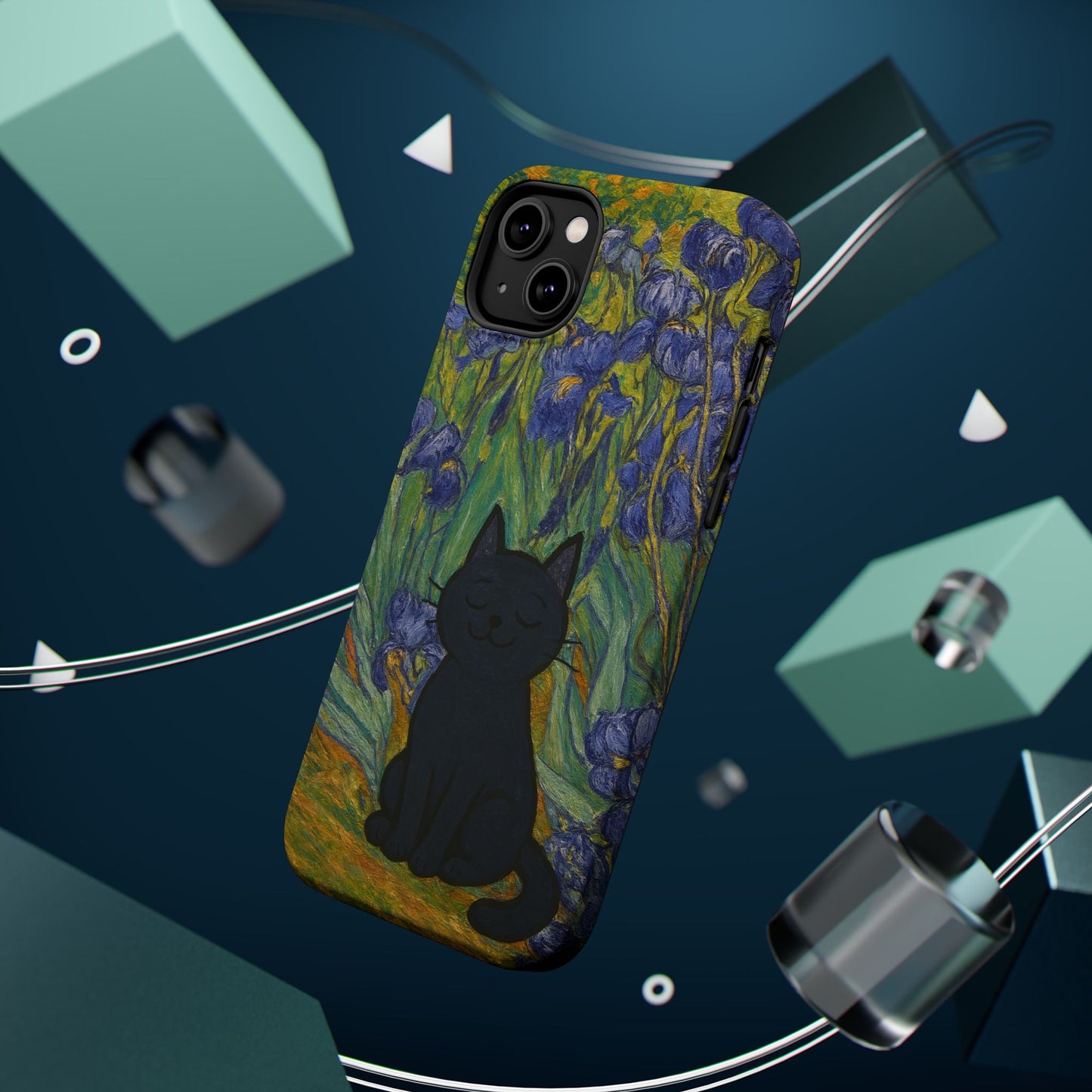 Peaceful Cat in Irises โ Van Gogh Inspired โ iPhone 16, 15, 14, 13 โ MagSafe Magnetic Tough Case by HitStickers