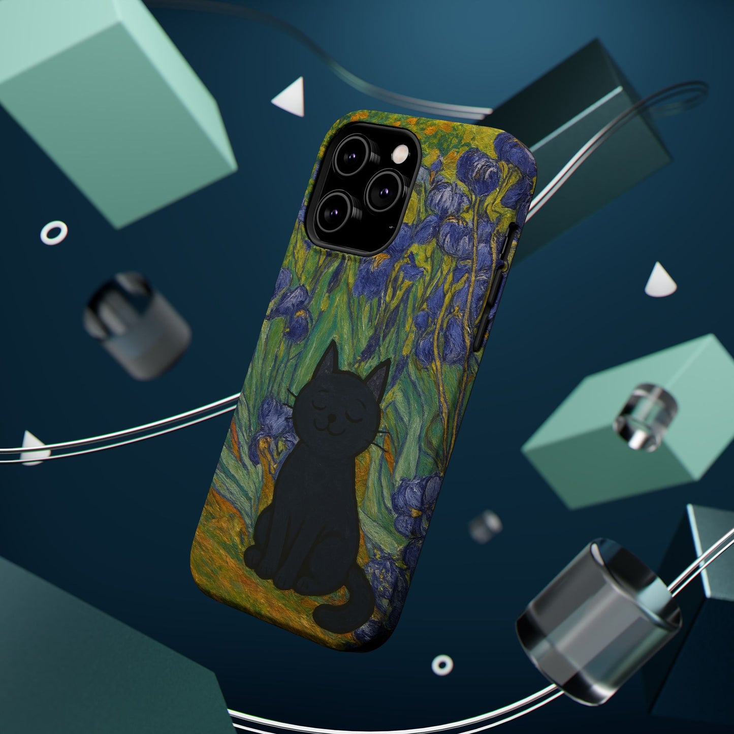 Peaceful Cat in Irises โ Van Gogh Inspired โ iPhone 16, 15, 14, 13 โ MagSafe Magnetic Tough Case by HitStickers