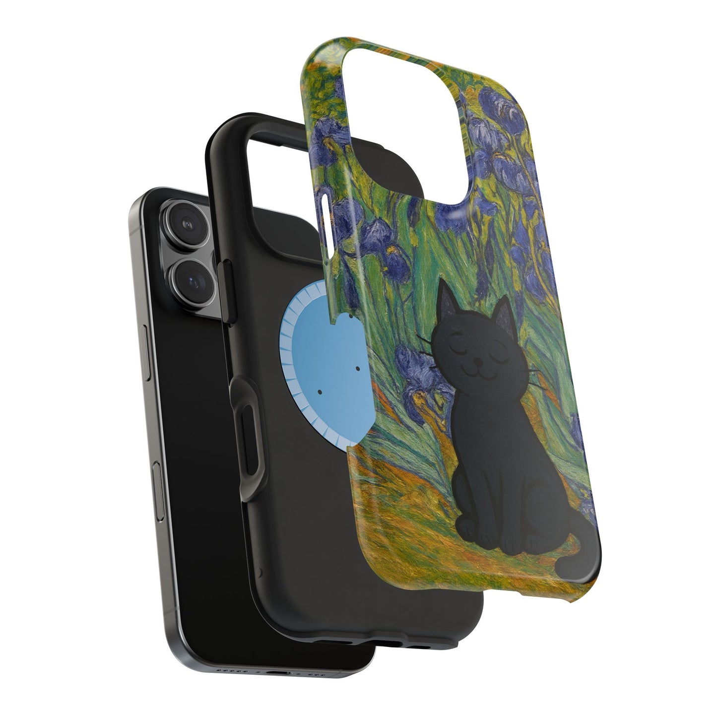 Peaceful Cat in Irises โ Van Gogh Inspired โ iPhone 16, 15, 14, 13 โ MagSafe Magnetic Tough Case by HitStickers