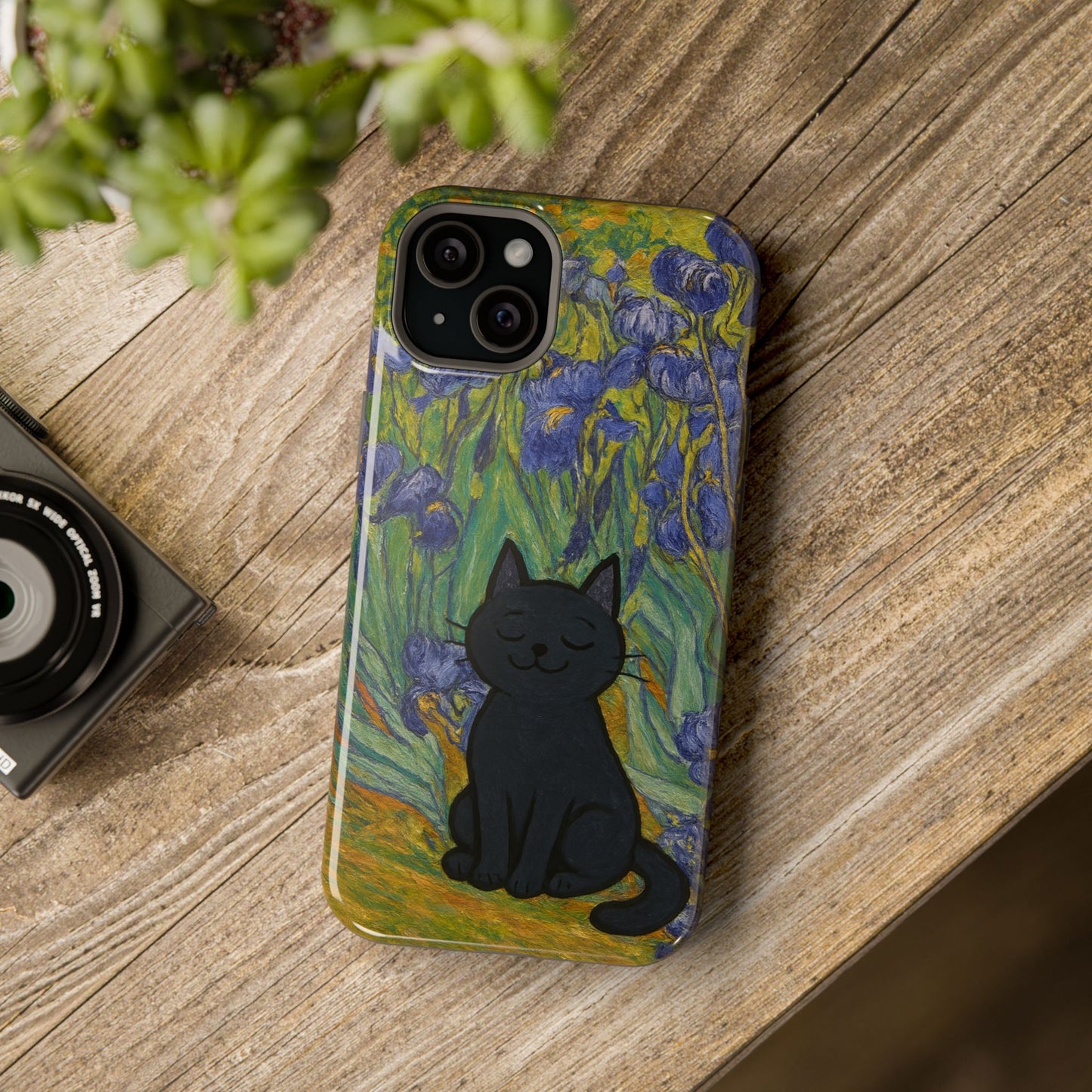 Peaceful Cat in Irises โ Van Gogh Inspired โ iPhone 16, 15, 14, 13 โ MagSafe Magnetic Tough Case by HitStickers