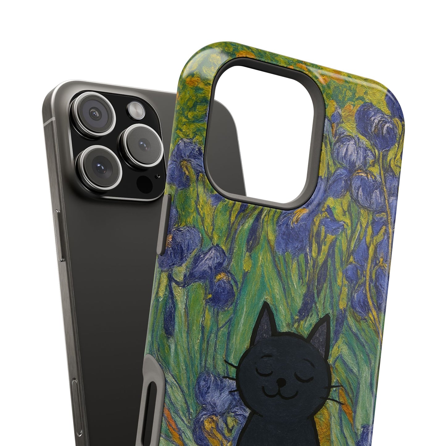 Peaceful Cat in Irises โ Van Gogh Inspired โ iPhone 16, 15, 14, 13 โ MagSafe Magnetic Tough Case by HitStickers