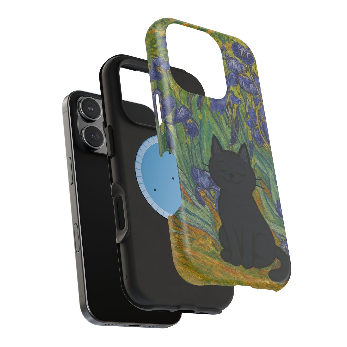 Peaceful Cat in Irises โ Van Gogh Inspired โ iPhone 16, 15, 14, 13 โ MagSafe Magnetic Tough Case by HitStickers