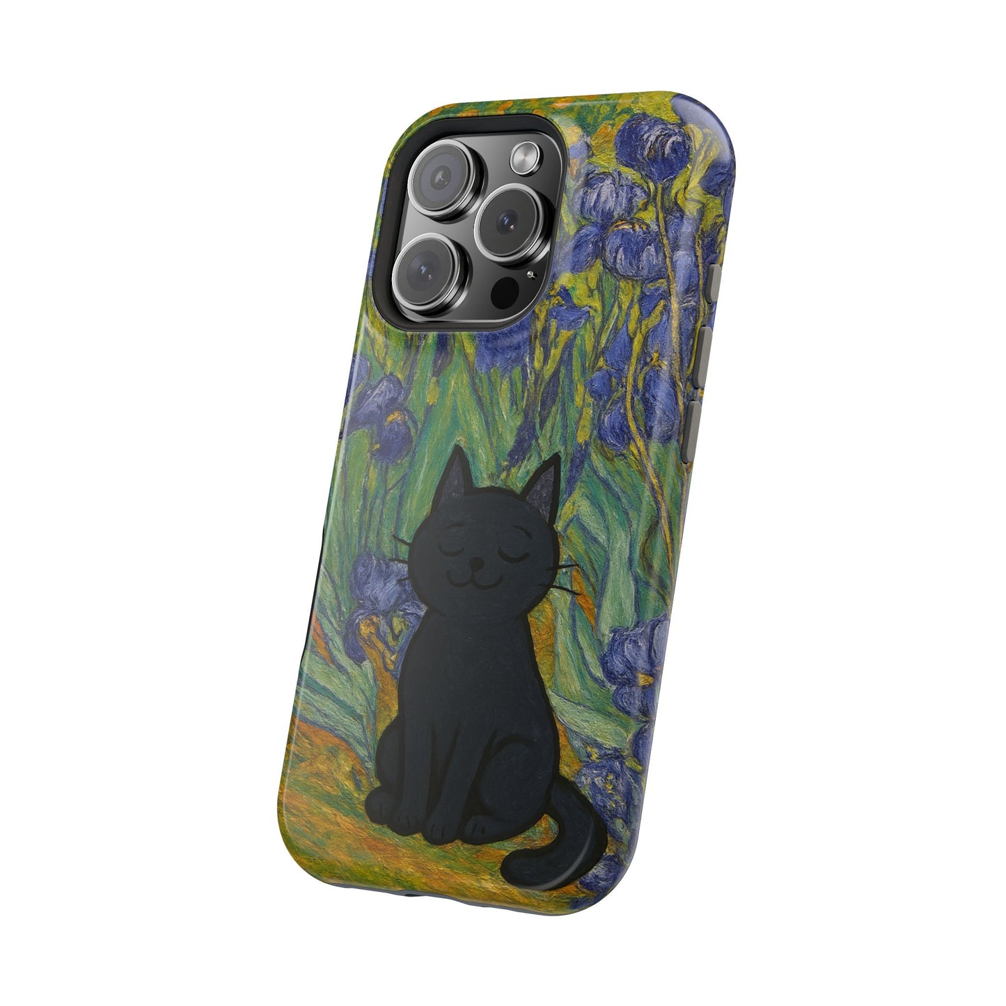 Peaceful Cat in Irises โ Van Gogh Inspired โ iPhone 16, 15, 14, 13 โ MagSafe Magnetic Tough Case by HitStickers
