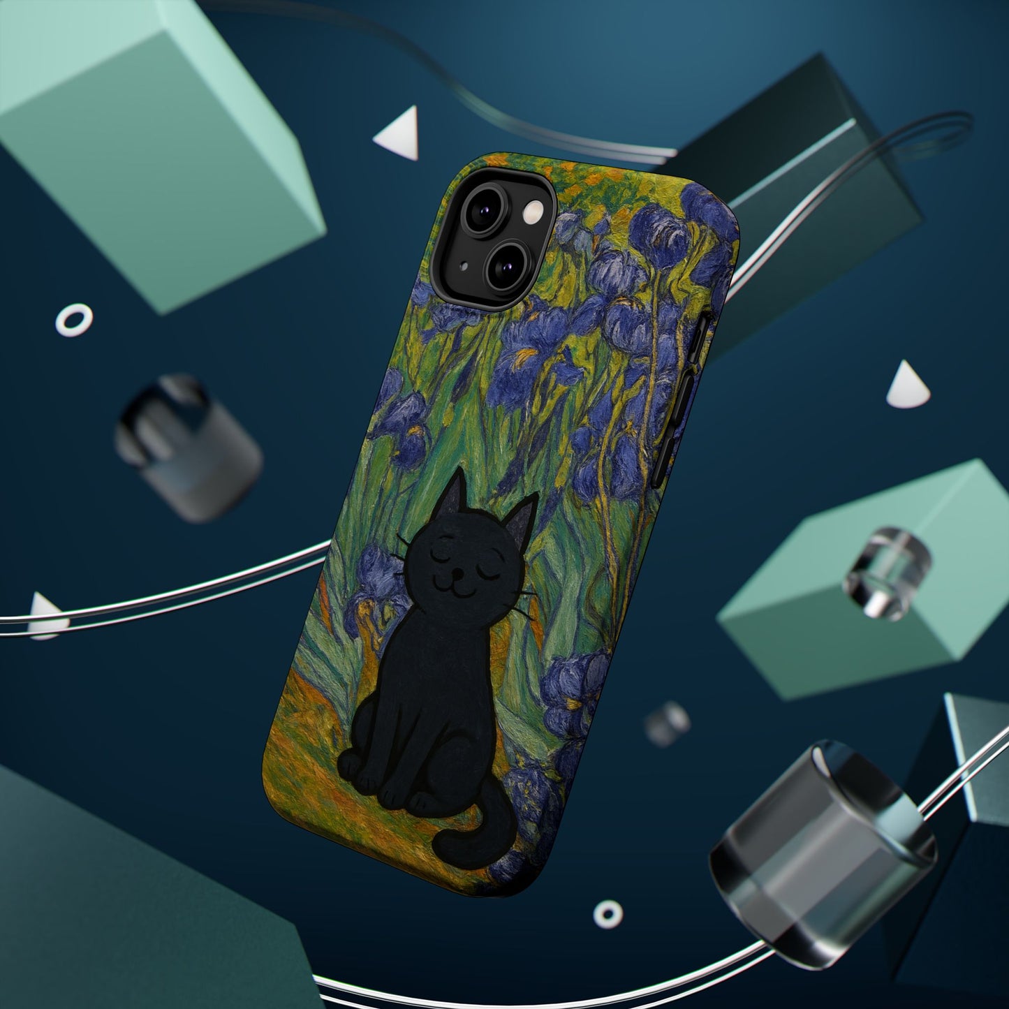 Peaceful Cat in Irises โ Van Gogh Inspired โ iPhone 16, 15, 14, 13 โ MagSafe Magnetic Tough Case by HitStickers