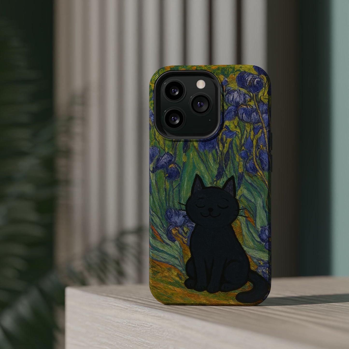 Peaceful Cat in Irises โ Van Gogh Inspired โ iPhone 16, 15, 14, 13 โ MagSafe Magnetic Tough Case by HitStickers
