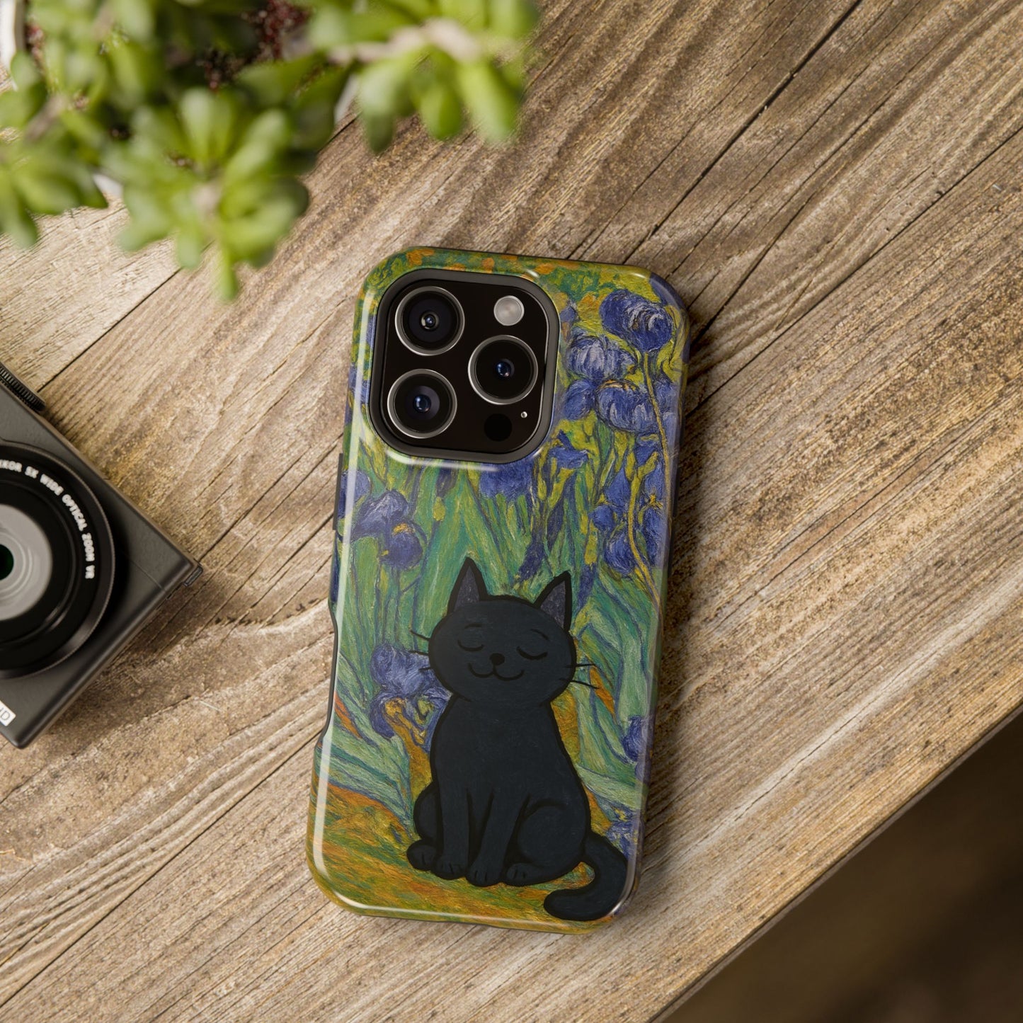 Peaceful Cat in Irises โ Van Gogh Inspired โ iPhone 16, 15, 14, 13 โ MagSafe Magnetic Tough Case by HitStickers