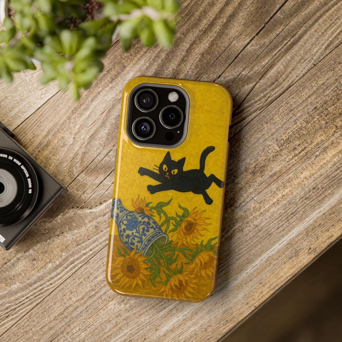 Mischievous Cat & Sunflowers โ Van Gogh Inspired โ iPhone 16, 15, 14, 13 โ MagSafe Magnetic Tough Case by HitStickers