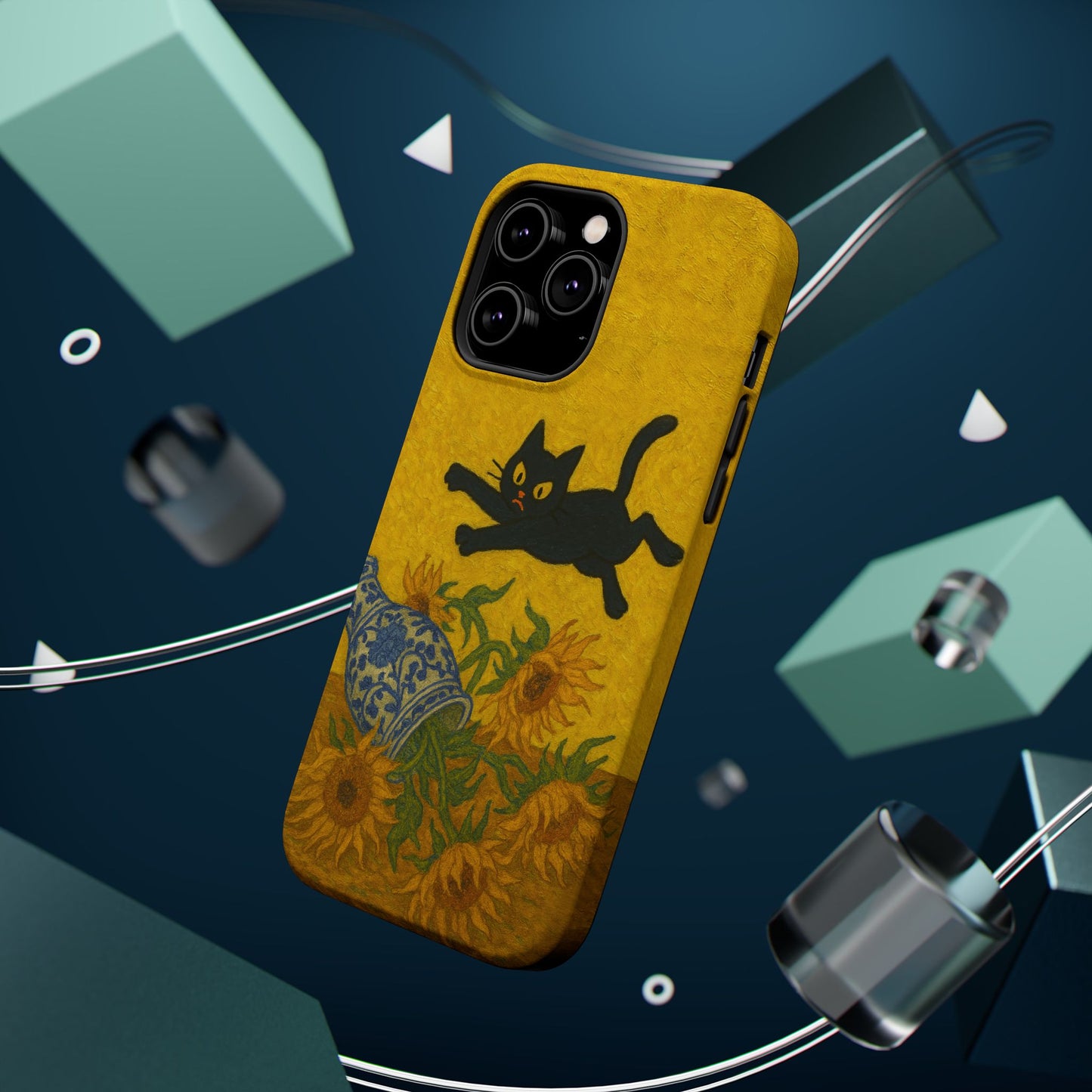 Mischievous Cat & Sunflowers โ Van Gogh Inspired โ iPhone 16, 15, 14, 13 โ MagSafe Magnetic Tough Case by HitStickers