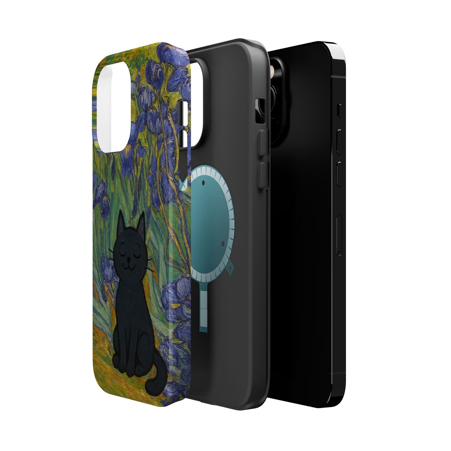 Peaceful Cat in Irises โ Van Gogh Inspired โ iPhone 16, 15, 14, 13 โ MagSafe Magnetic Tough Case by HitStickers