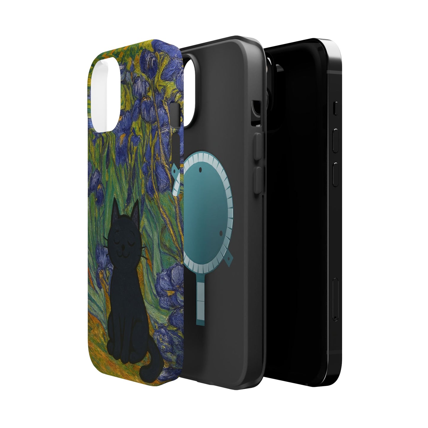 Peaceful Cat in Irises โ Van Gogh Inspired โ iPhone 16, 15, 14, 13 โ MagSafe Magnetic Tough Case by HitStickers