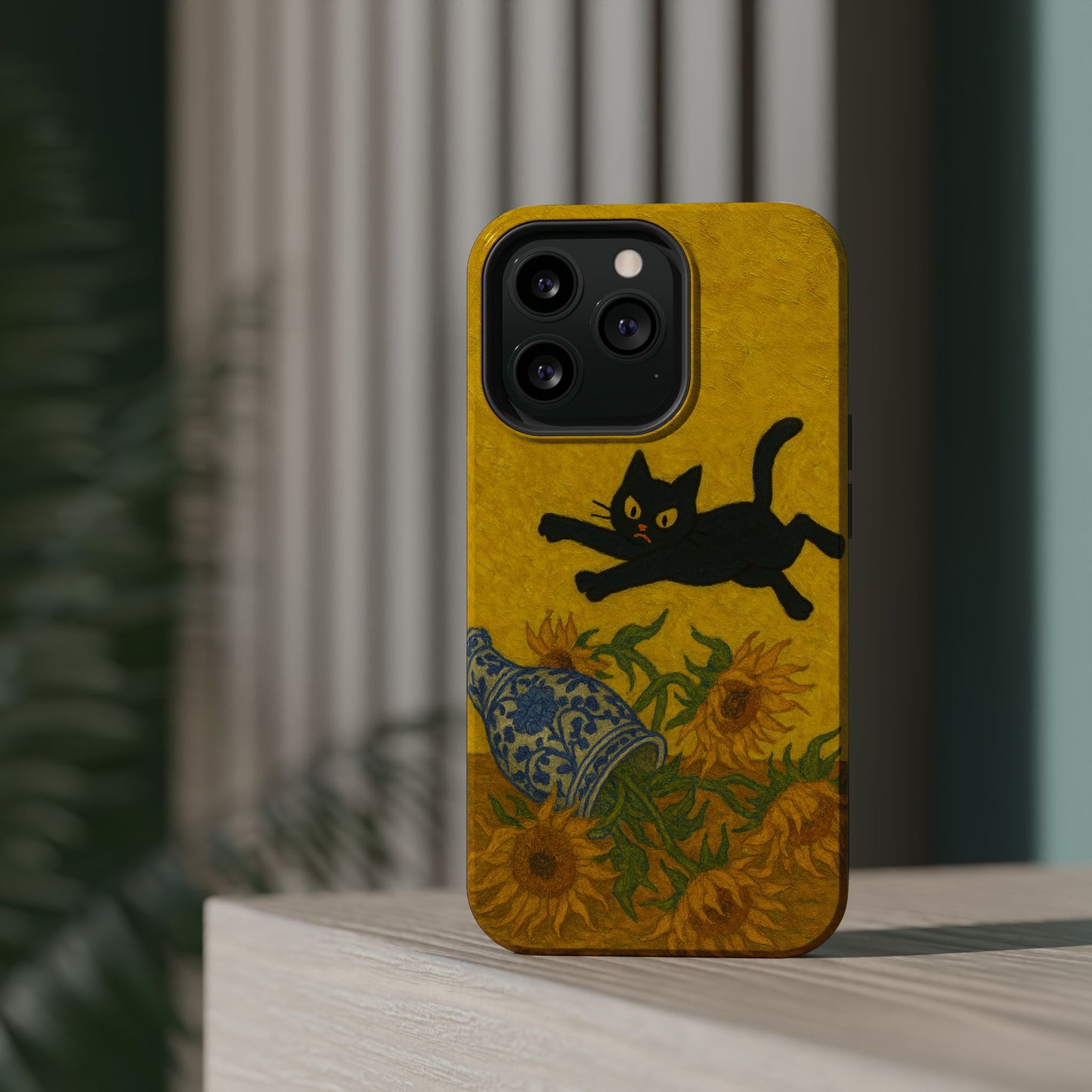 Mischievous Cat & Sunflowers โ Van Gogh Inspired โ iPhone 16, 15, 14, 13 โ MagSafe Magnetic Tough Case by HitStickers