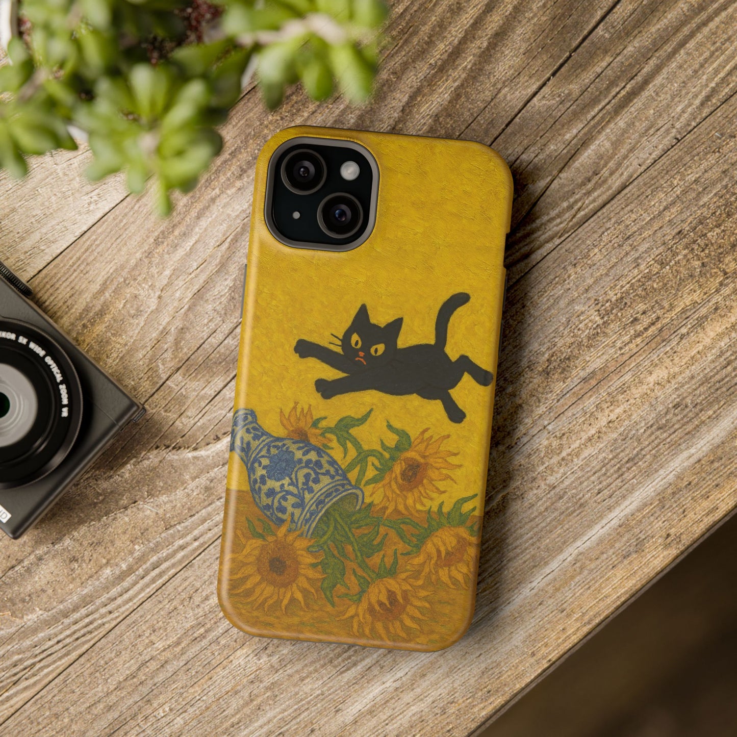 Mischievous Cat & Sunflowers โ Van Gogh Inspired โ iPhone 16, 15, 14, 13 โ MagSafe Magnetic Tough Case by HitStickers