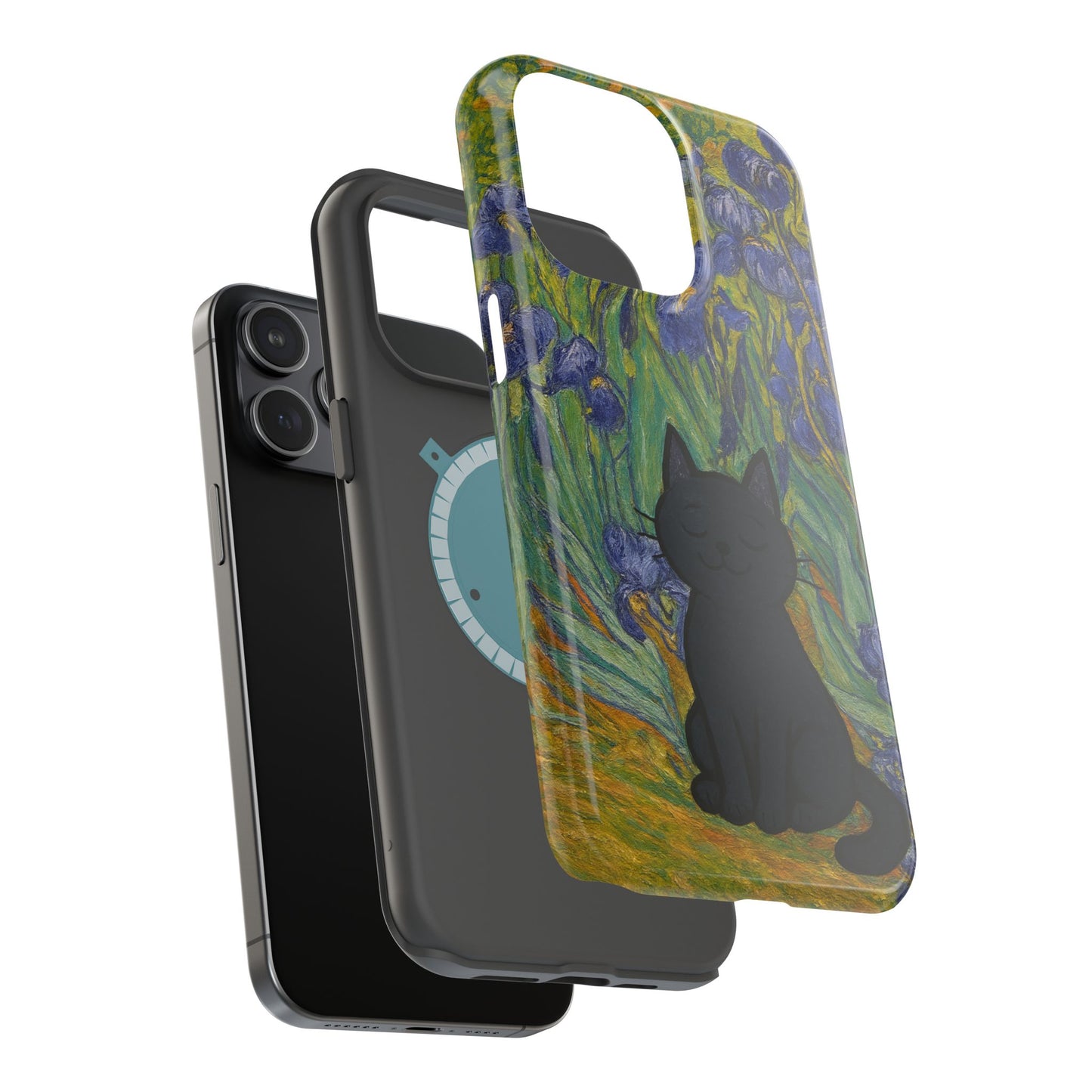 Peaceful Cat in Irises โ Van Gogh Inspired โ iPhone 16, 15, 14, 13 โ MagSafe Magnetic Tough Case by HitStickers