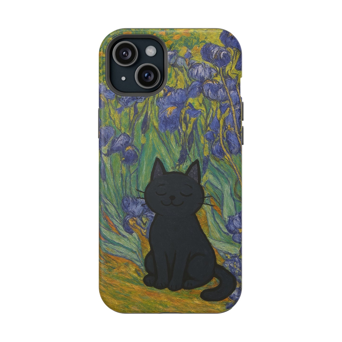 Peaceful Cat in Irises โ Van Gogh Inspired โ iPhone 16, 15, 14, 13 โ MagSafe Magnetic Tough Case by HitStickers