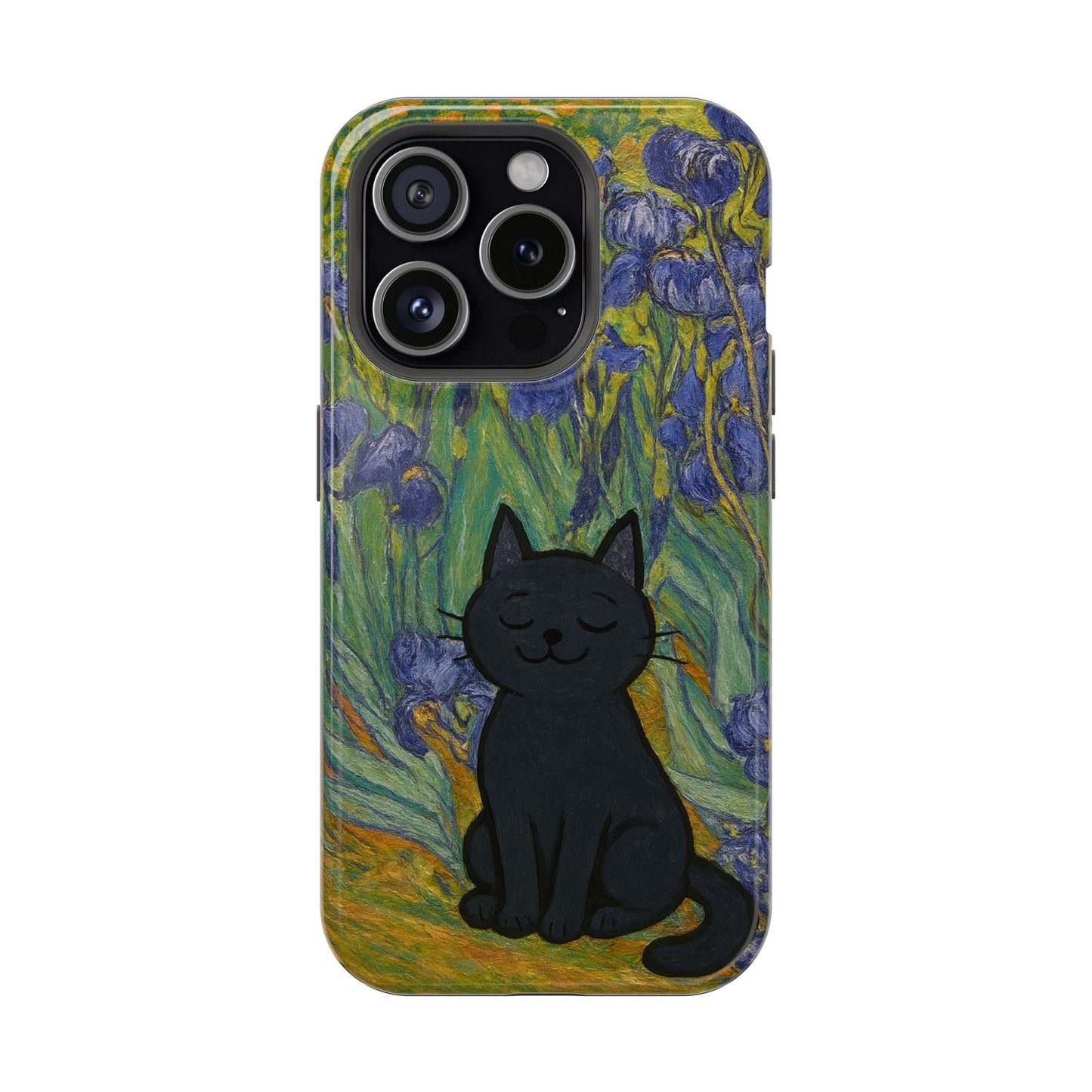 Peaceful Cat in Irises โ Van Gogh Inspired โ iPhone 16, 15, 14, 13 โ MagSafe Magnetic Tough Case by HitStickers