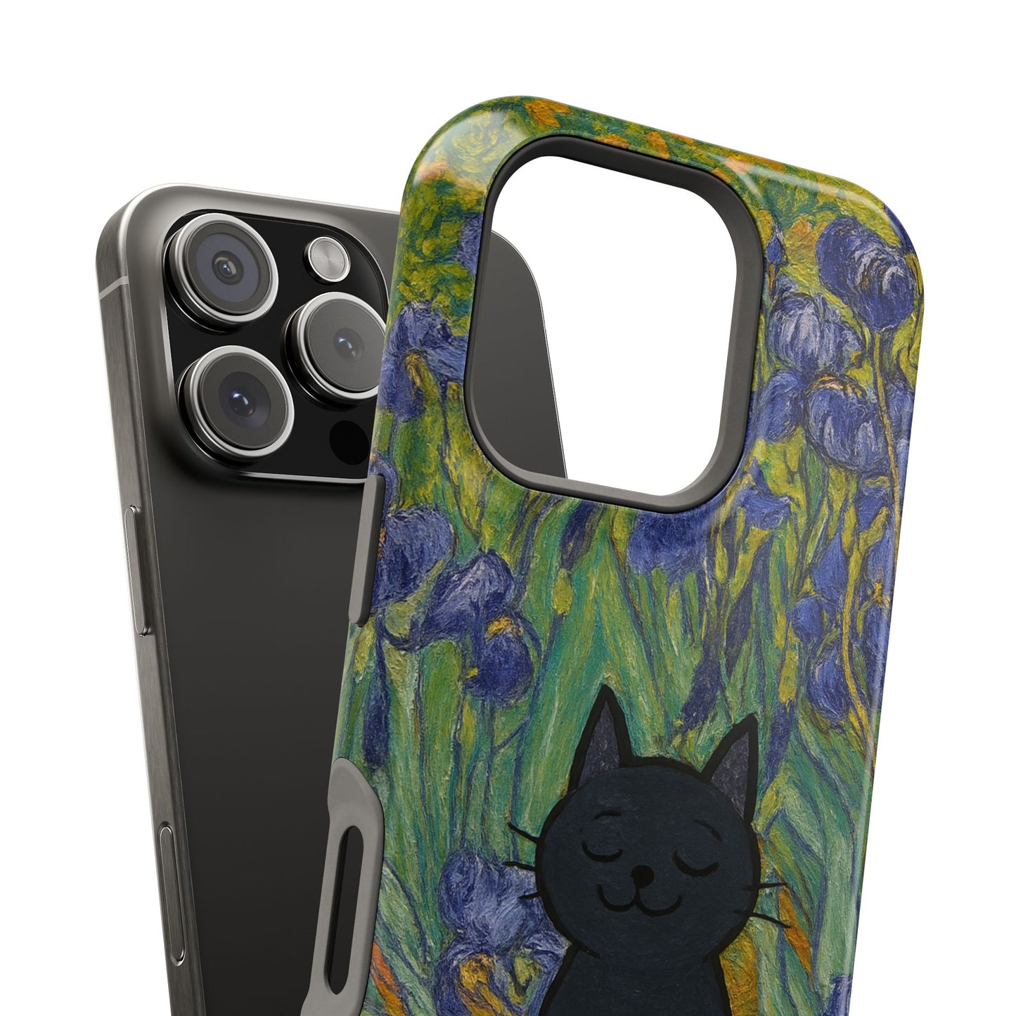 Peaceful Cat in Irises โ Van Gogh Inspired โ iPhone 16, 15, 14, 13 โ MagSafe Magnetic Tough Case by HitStickers