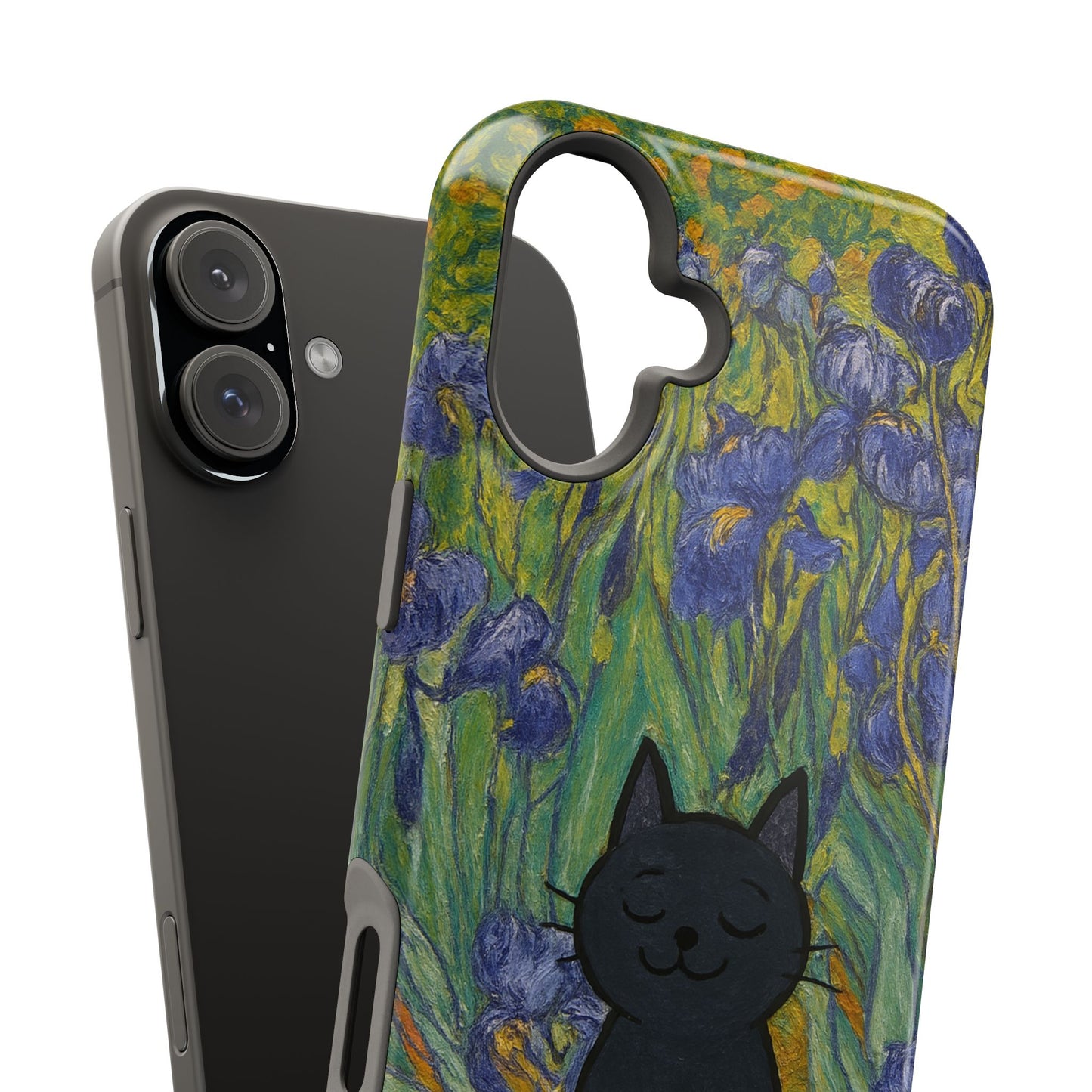 Peaceful Cat in Irises โ Van Gogh Inspired โ iPhone 16, 15, 14, 13 โ MagSafe Magnetic Tough Case by HitStickers