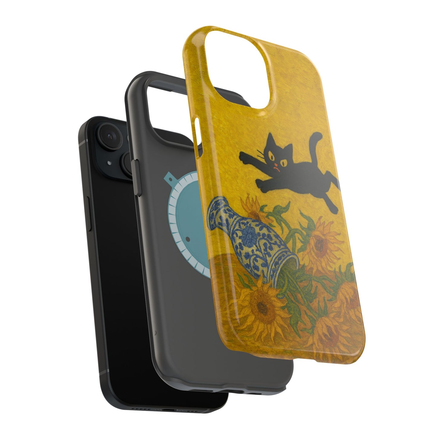 Mischievous Cat & Sunflowers โ Van Gogh Inspired โ iPhone 16, 15, 14, 13 โ MagSafe Magnetic Tough Case by HitStickers