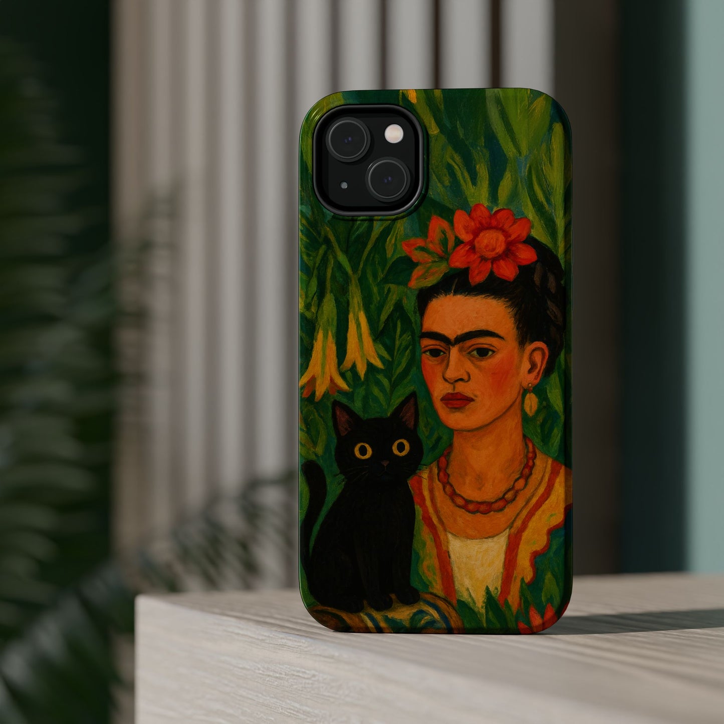 Frida & the Black Cat โ Kahlo Inspired โ iPhone 16, 15, 14, 13 โ MagSafe Magnetic Tough Case by HitStickers