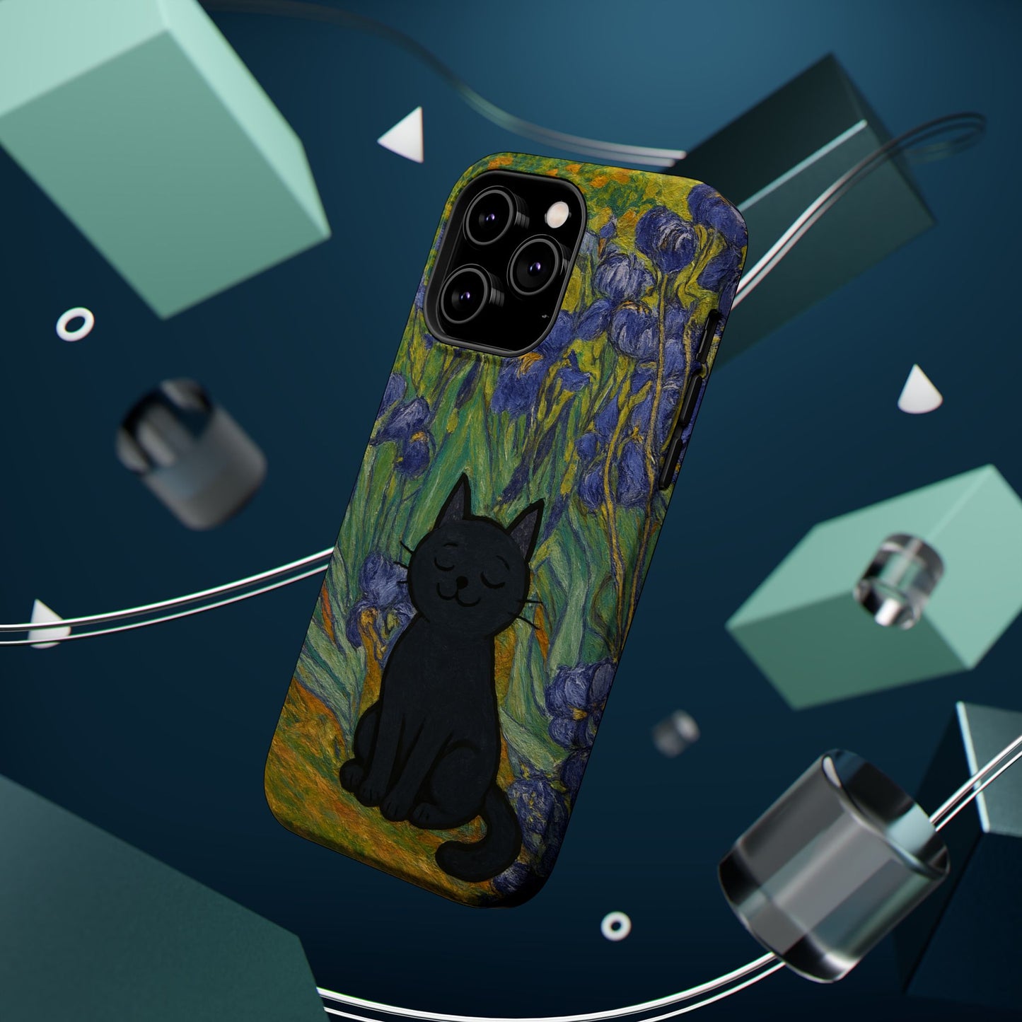 Peaceful Cat in Irises โ Van Gogh Inspired โ iPhone 16, 15, 14, 13 โ MagSafe Magnetic Tough Case by HitStickers