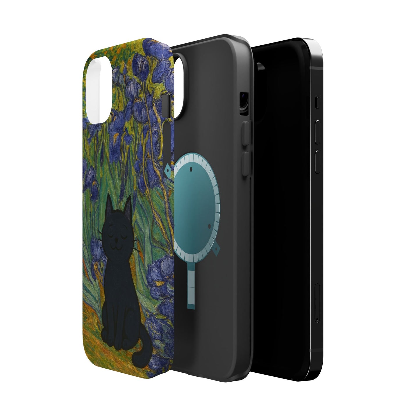 Peaceful Cat in Irises โ Van Gogh Inspired โ iPhone 16, 15, 14, 13 โ MagSafe Magnetic Tough Case by HitStickers