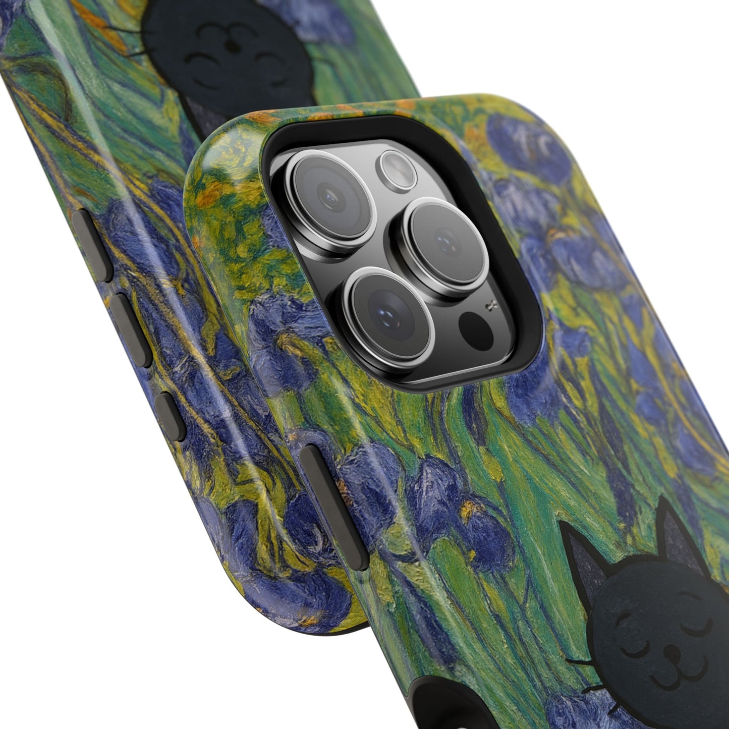 Peaceful Cat in Irises โ Van Gogh Inspired โ iPhone 16, 15, 14, 13 โ MagSafe Magnetic Tough Case by HitStickers