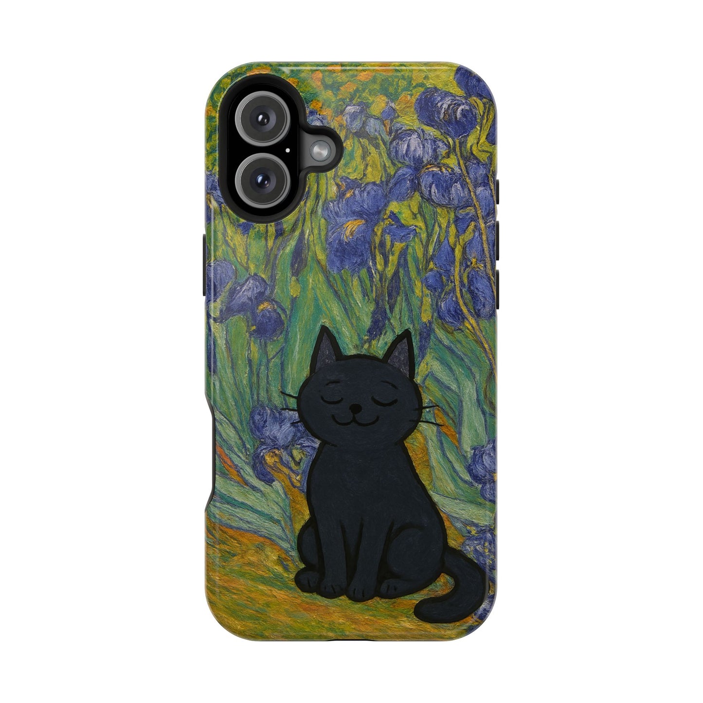 Peaceful Cat in Irises โ Van Gogh Inspired โ iPhone 16, 15, 14, 13 โ MagSafe Magnetic Tough Case by HitStickers