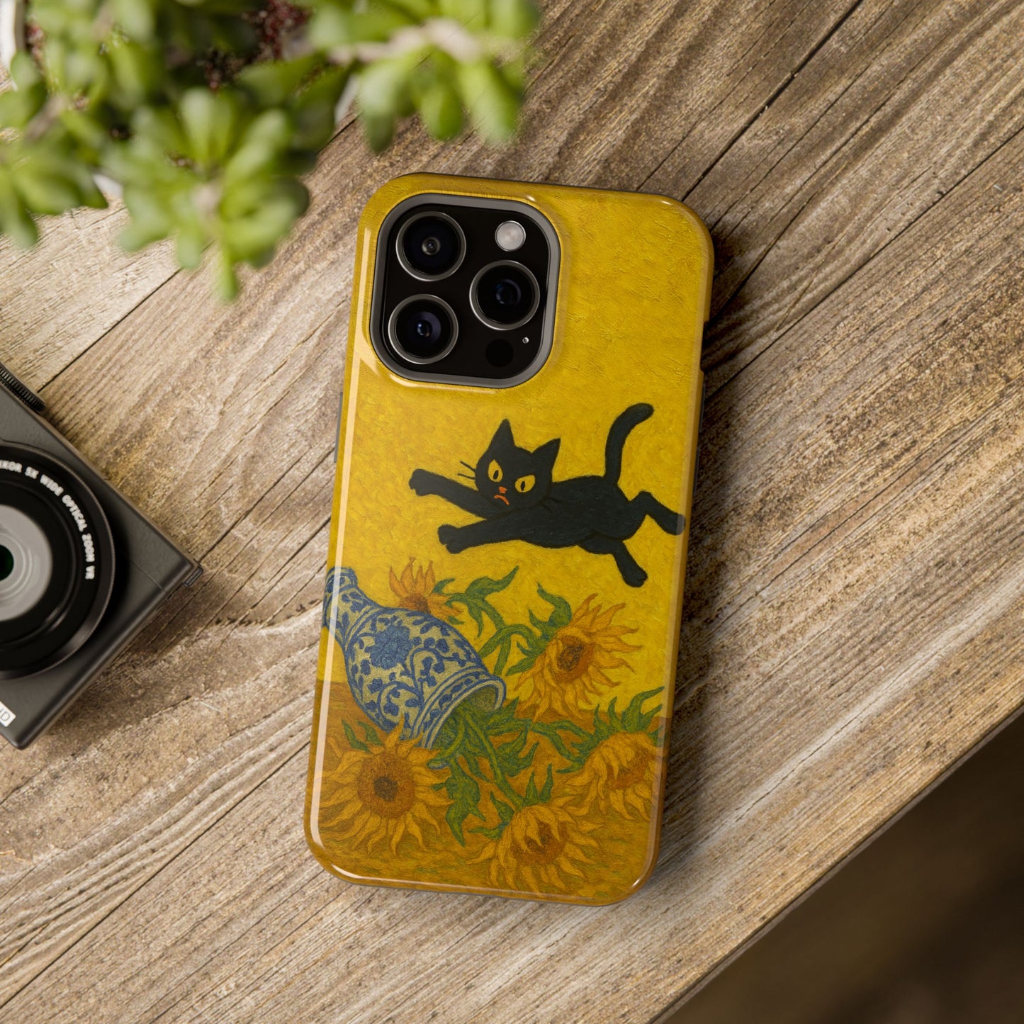 Mischievous Cat & Sunflowers โ Van Gogh Inspired โ iPhone 16, 15, 14, 13 โ MagSafe Magnetic Tough Case by HitStickers