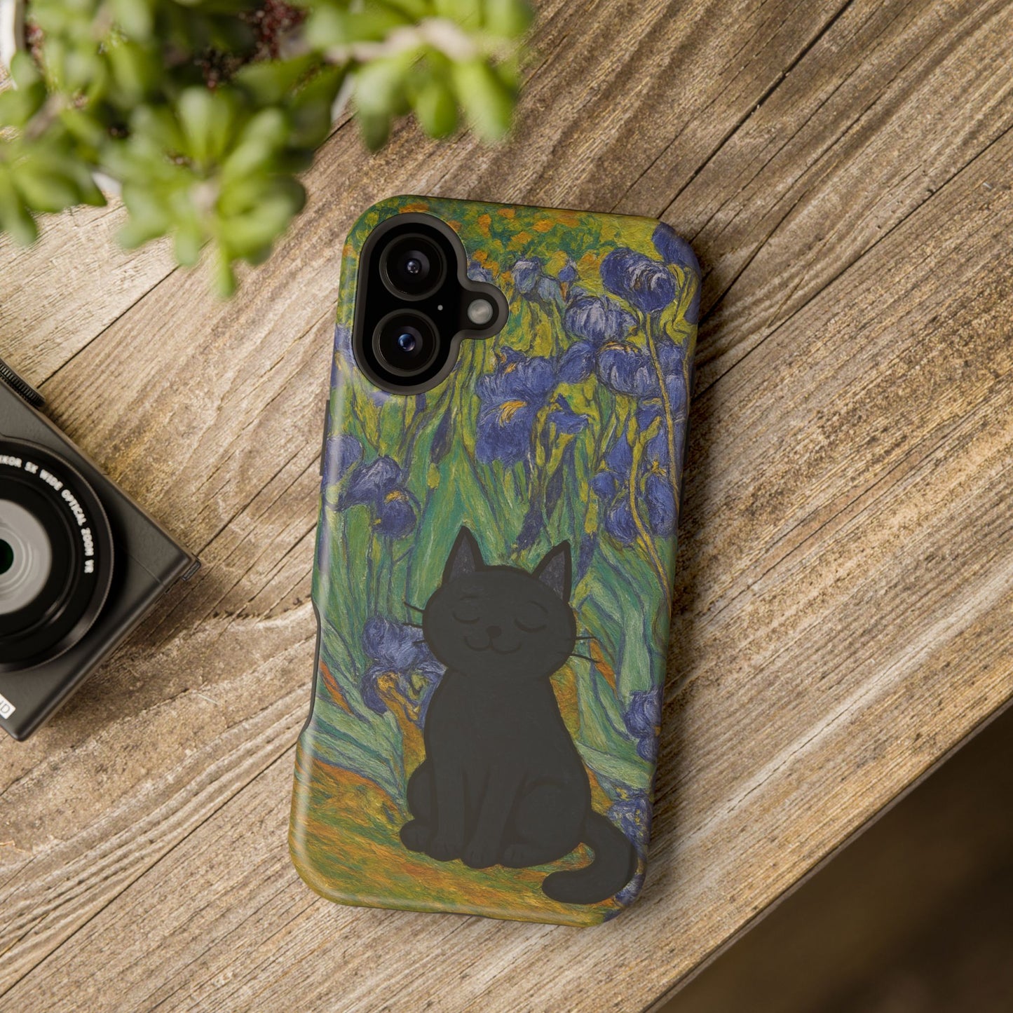 Peaceful Cat in Irises โ Van Gogh Inspired โ iPhone 16, 15, 14, 13 โ MagSafe Magnetic Tough Case by HitStickers