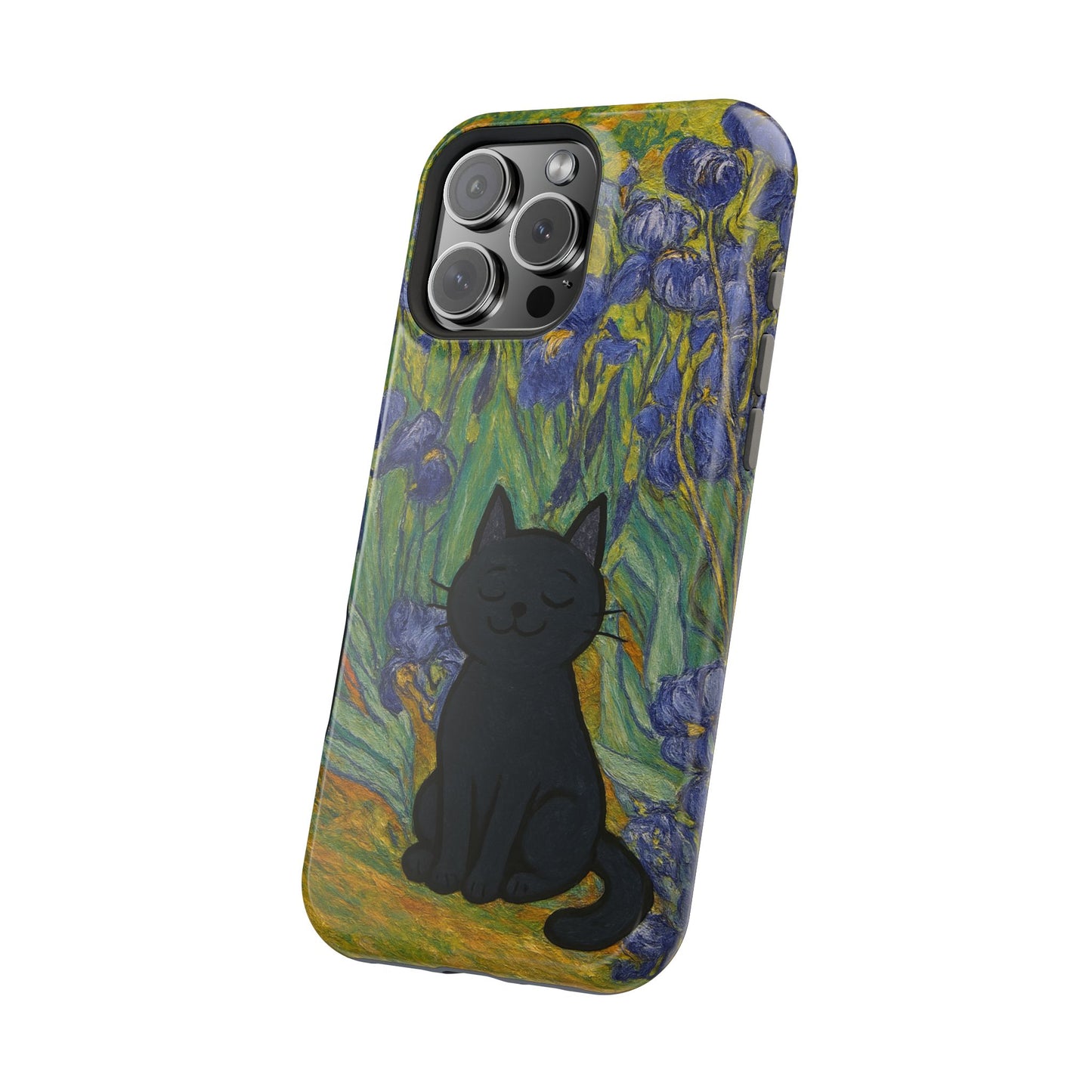 Peaceful Cat in Irises โ Van Gogh Inspired โ iPhone 16, 15, 14, 13 โ MagSafe Magnetic Tough Case by HitStickers