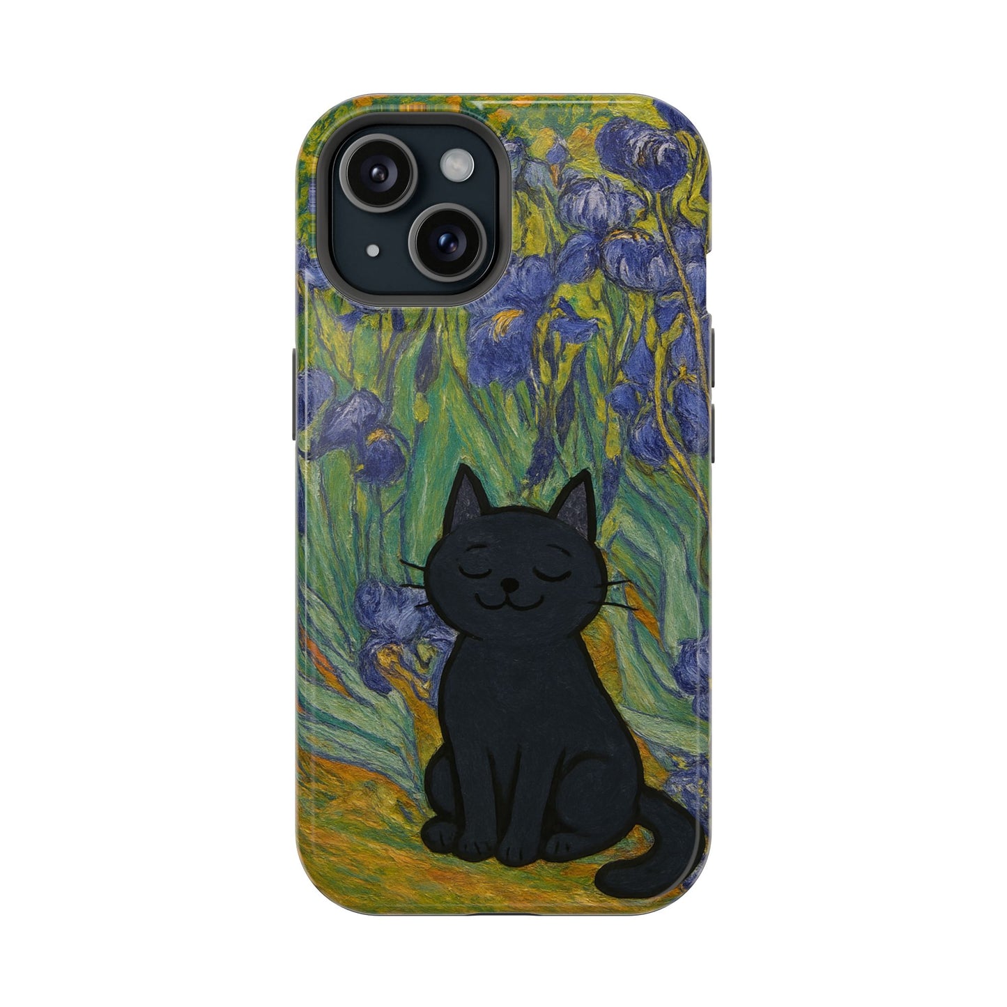 Peaceful Cat in Irises โ Van Gogh Inspired โ iPhone 16, 15, 14, 13 โ MagSafe Magnetic Tough Case by HitStickers