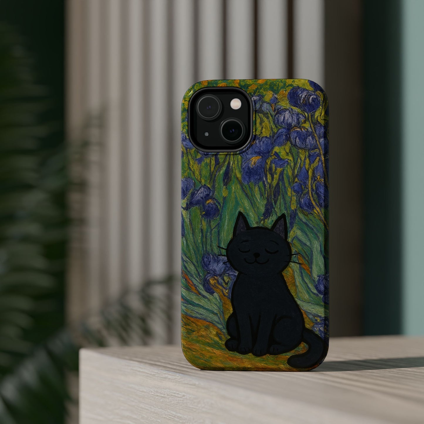 Peaceful Cat in Irises โ Van Gogh Inspired โ iPhone 16, 15, 14, 13 โ MagSafe Magnetic Tough Case by HitStickers