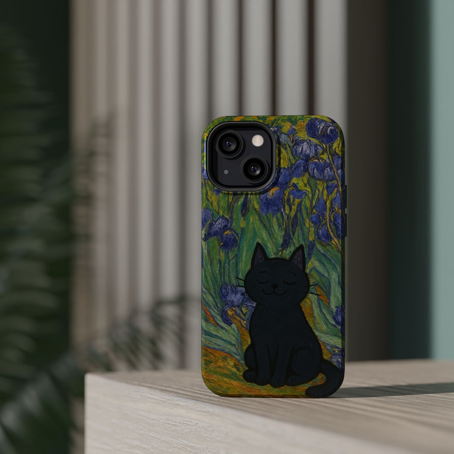Peaceful Cat in Irises โ Van Gogh Inspired โ iPhone 16, 15, 14, 13 โ MagSafe Magnetic Tough Case by HitStickers