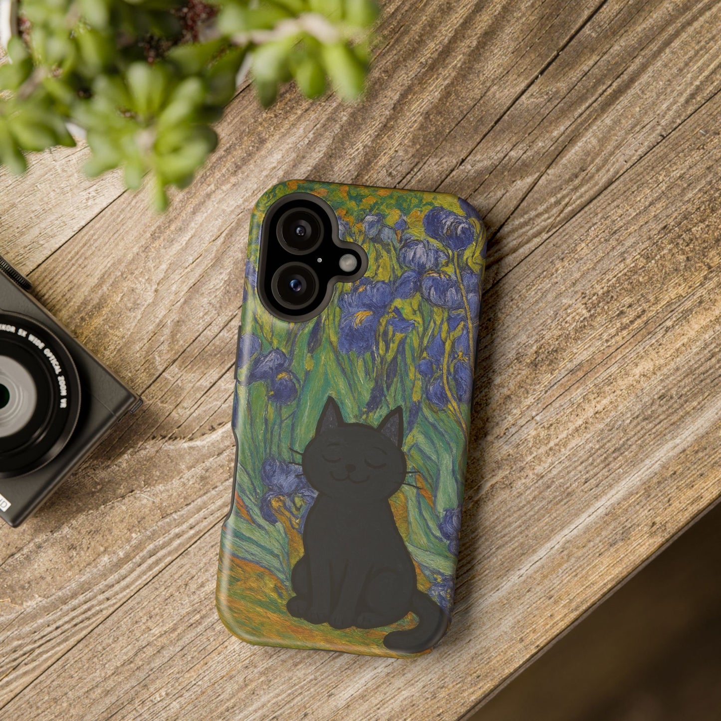 Peaceful Cat in Irises โ Van Gogh Inspired โ iPhone 16, 15, 14, 13 โ MagSafe Magnetic Tough Case by HitStickers