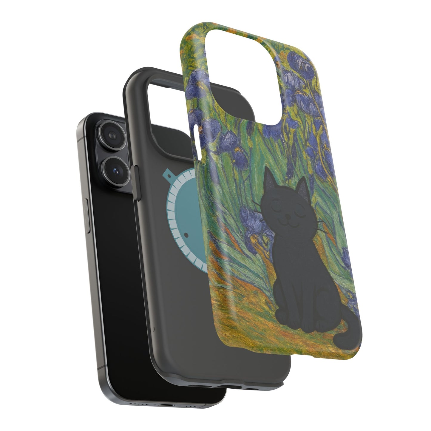 Peaceful Cat in Irises โ Van Gogh Inspired โ iPhone 16, 15, 14, 13 โ MagSafe Magnetic Tough Case by HitStickers