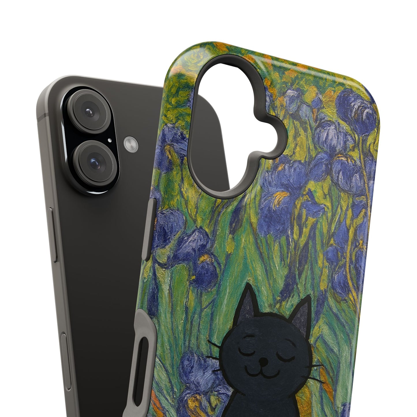 Peaceful Cat in Irises โ Van Gogh Inspired โ iPhone 16, 15, 14, 13 โ MagSafe Magnetic Tough Case by HitStickers