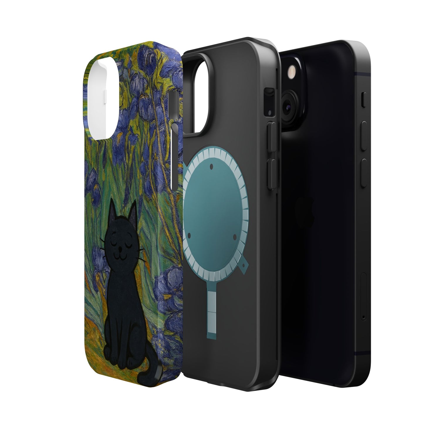 Peaceful Cat in Irises โ Van Gogh Inspired โ iPhone 16, 15, 14, 13 โ MagSafe Magnetic Tough Case by HitStickers