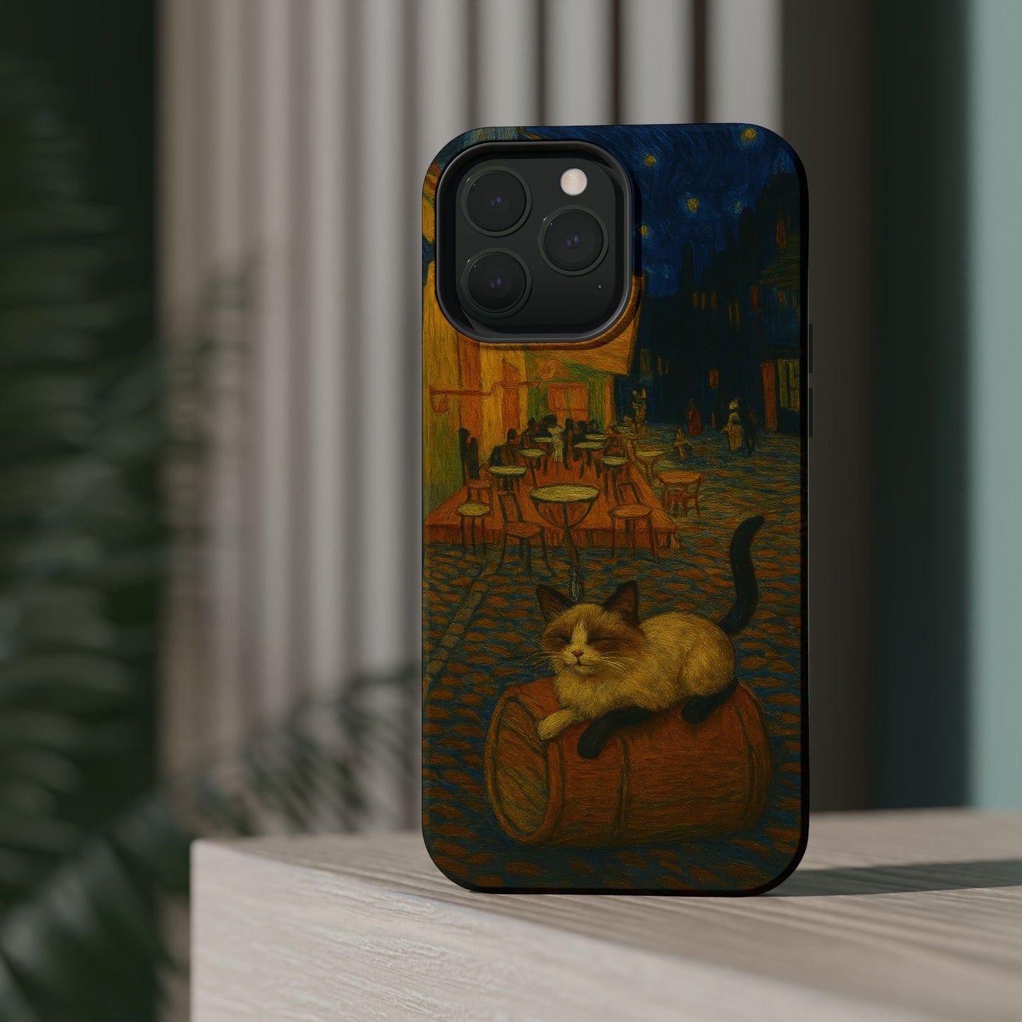 Café Cat at Night – Van Gogh Inspired – iPhone 16, 15, 14, 13 – MagSafe Magnetic Tough Case by HitStickers