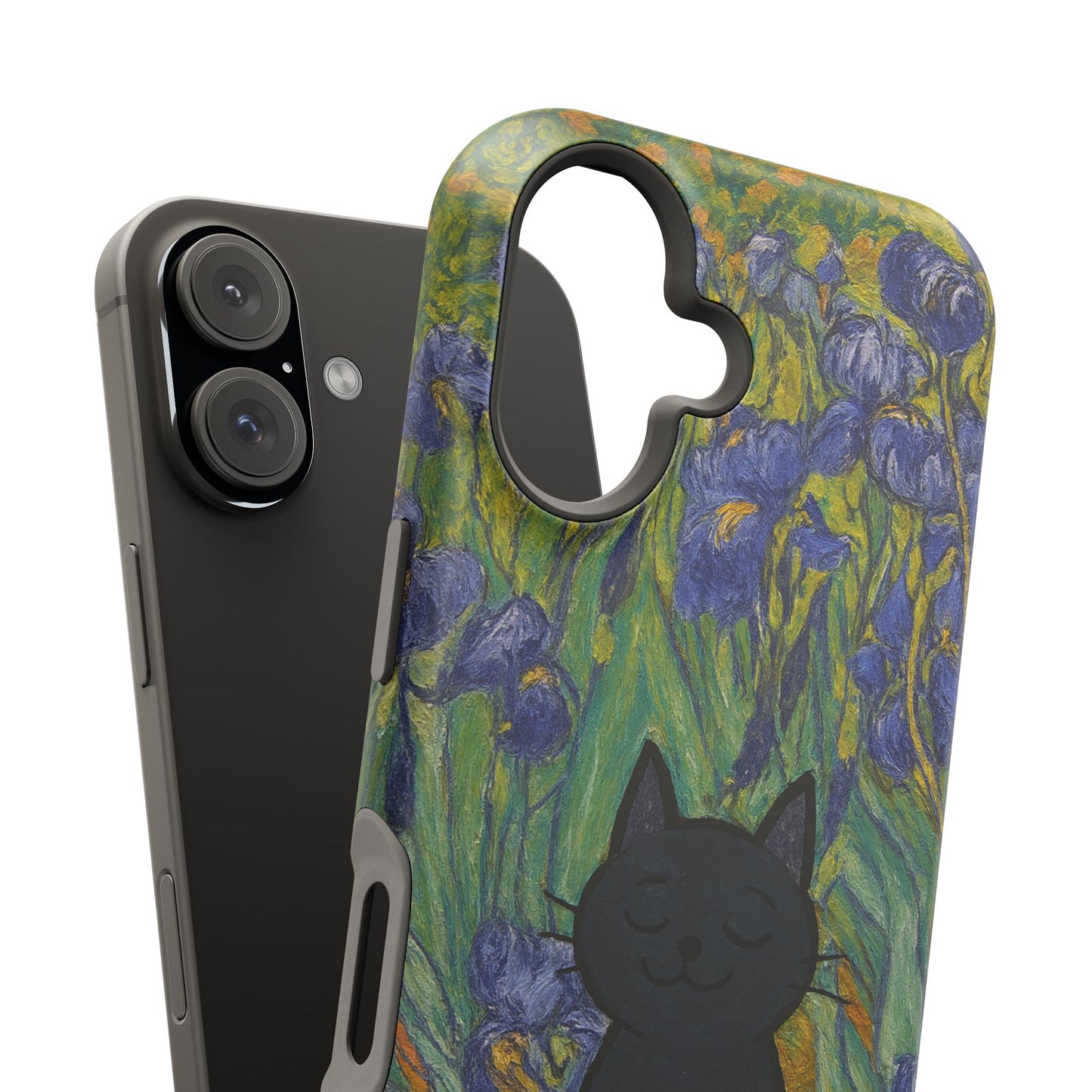 Peaceful Cat in Irises โ Van Gogh Inspired โ iPhone 16, 15, 14, 13 โ MagSafe Magnetic Tough Case by HitStickers