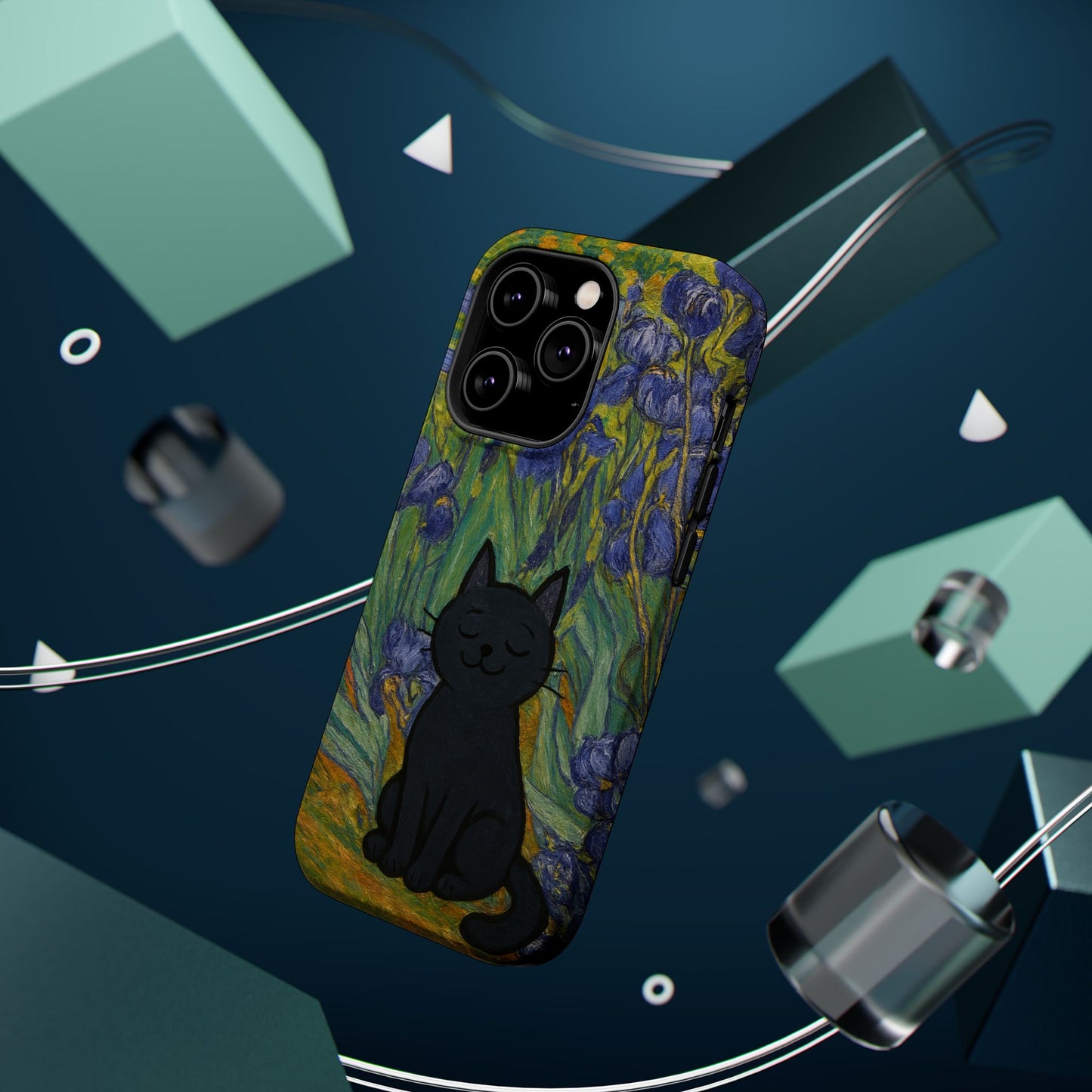 Peaceful Cat in Irises โ Van Gogh Inspired โ iPhone 16, 15, 14, 13 โ MagSafe Magnetic Tough Case by HitStickers