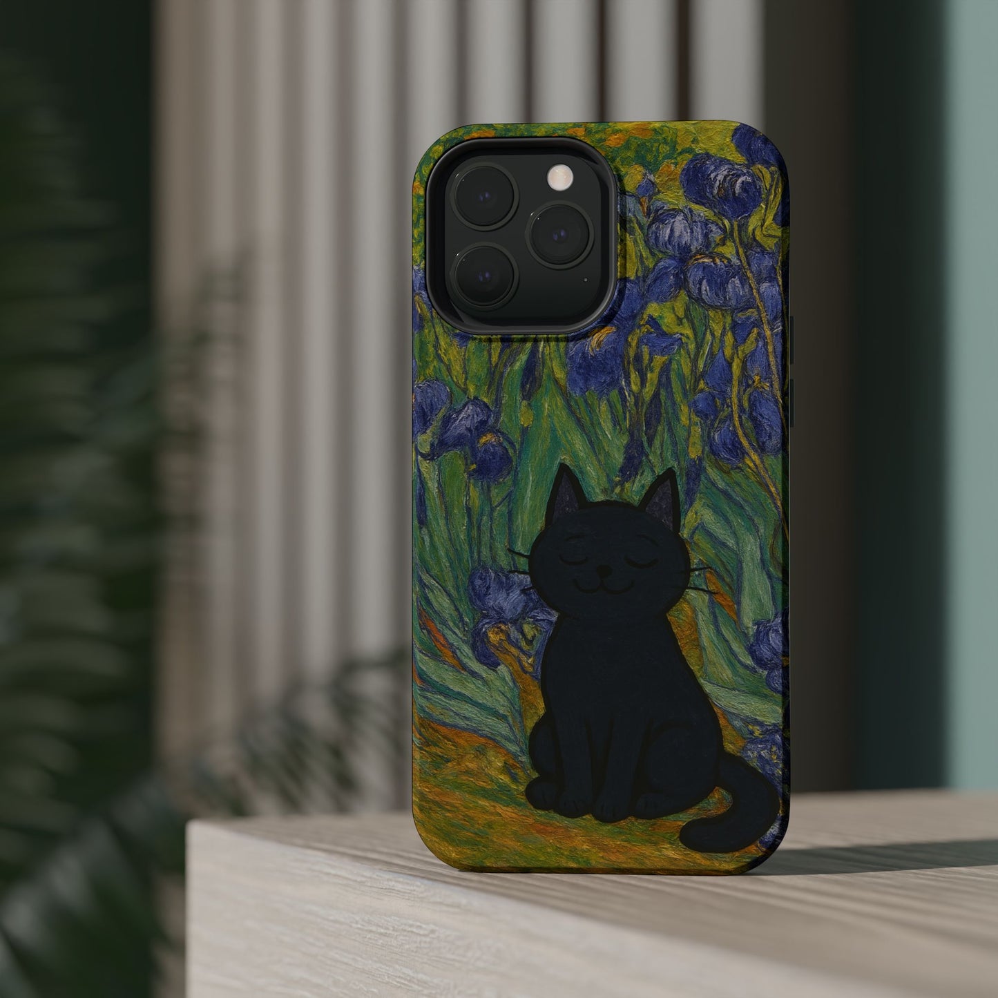 Peaceful Cat in Irises โ Van Gogh Inspired โ iPhone 16, 15, 14, 13 โ MagSafe Magnetic Tough Case by HitStickers