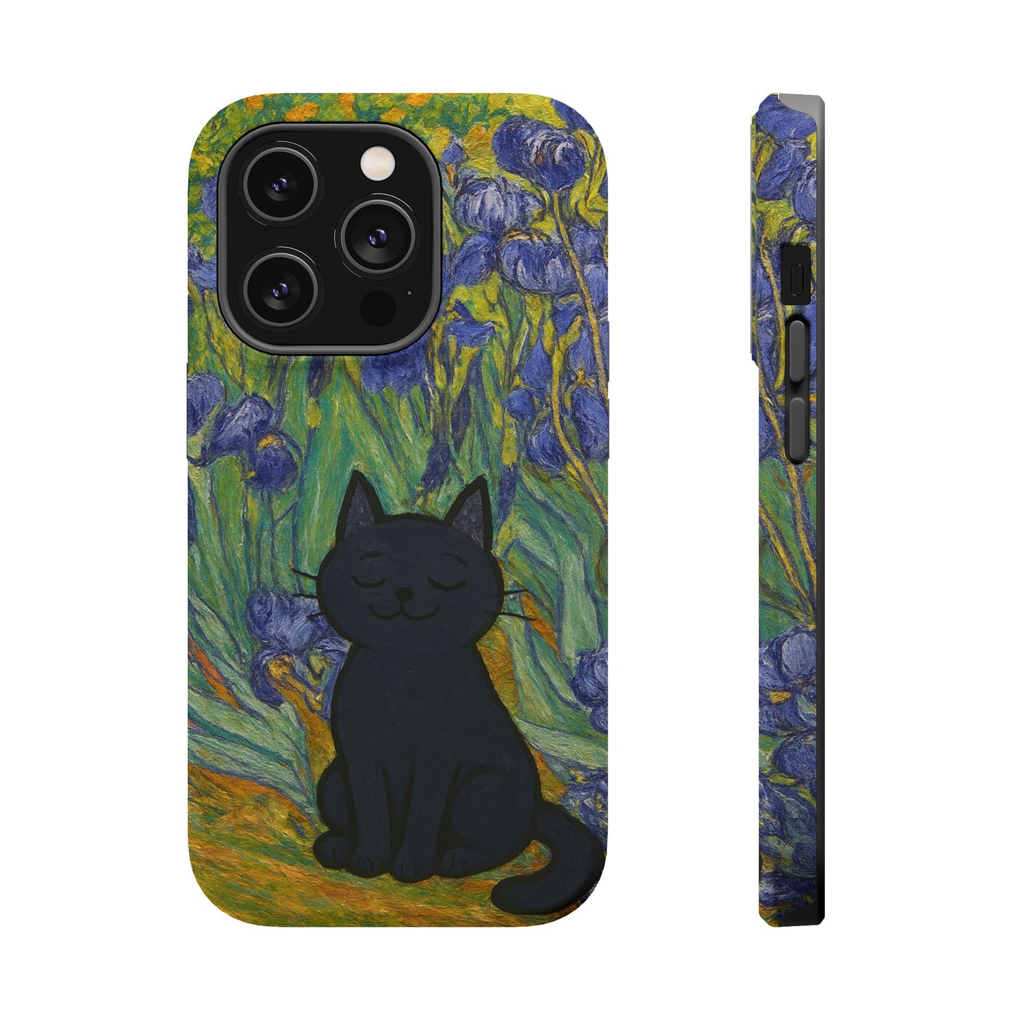 Peaceful Cat in Irises โ Van Gogh Inspired โ iPhone 16, 15, 14, 13 โ MagSafe Magnetic Tough Case by HitStickers